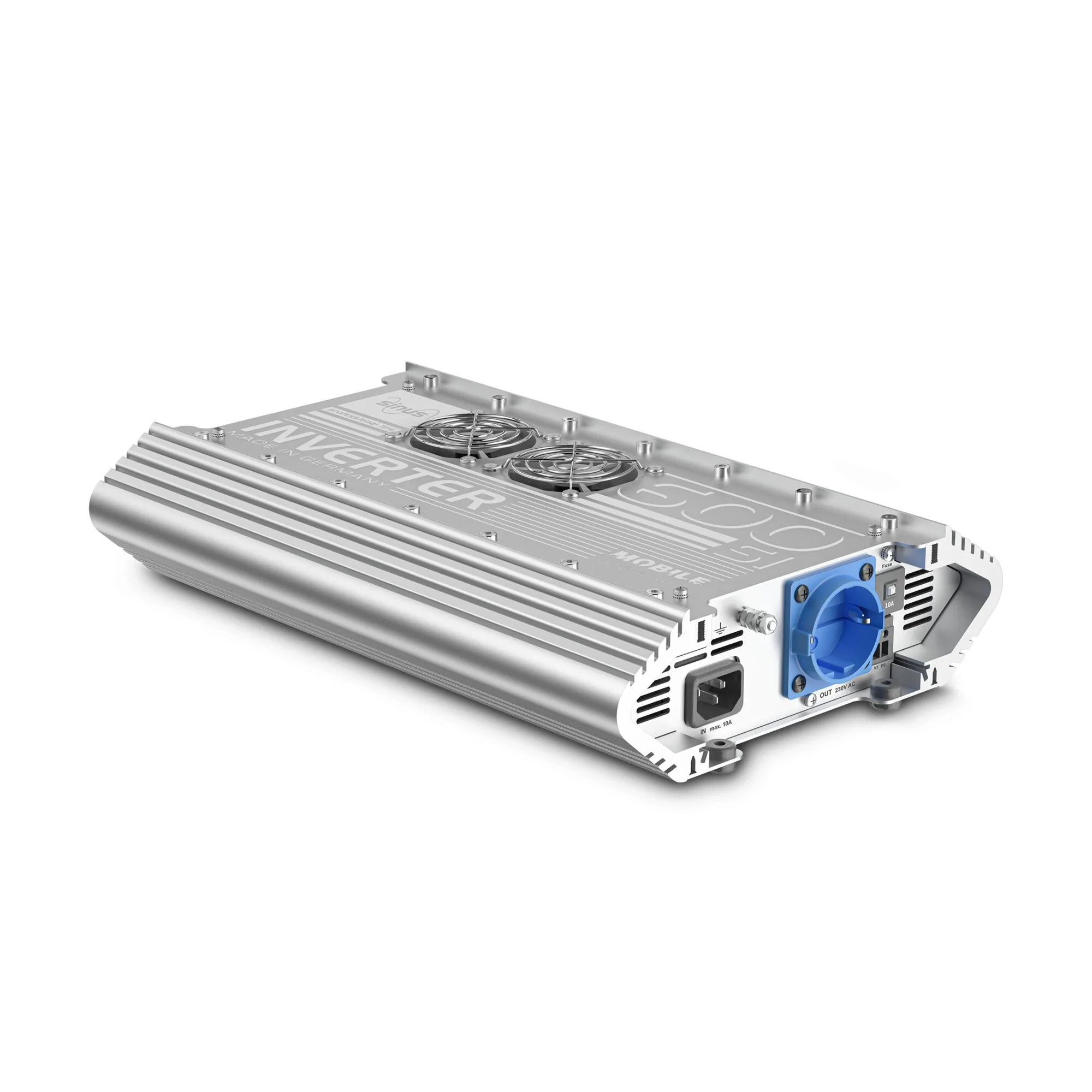 Silberner Sinus-Wechselrichter MT mit 600 W, geripptem Metallgehäuse, zwei Lüftern und Anschlüssen für 230 V AC