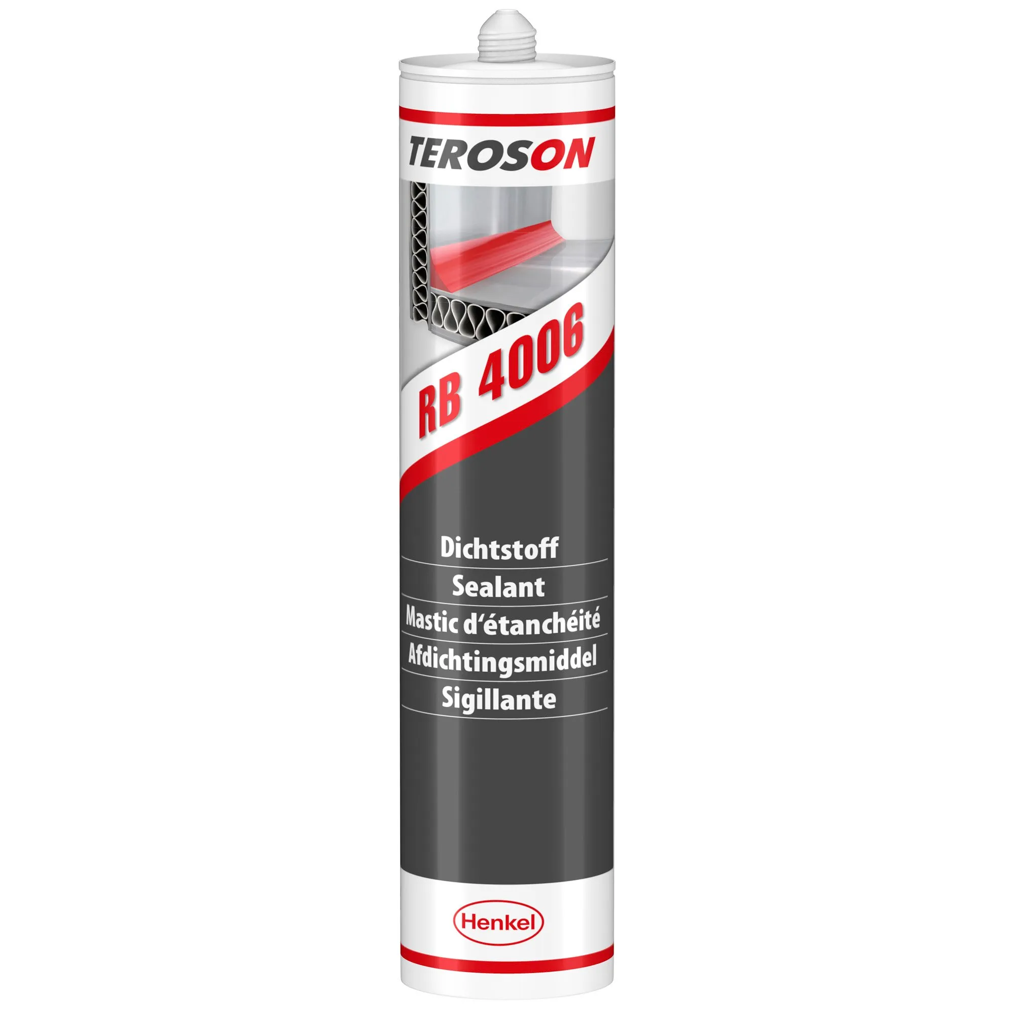 TEROSON RB 4006 Butyl-Dichtstoff in grauer 300-ml-Kartusche mit weißer Düse und Henkel-Logo