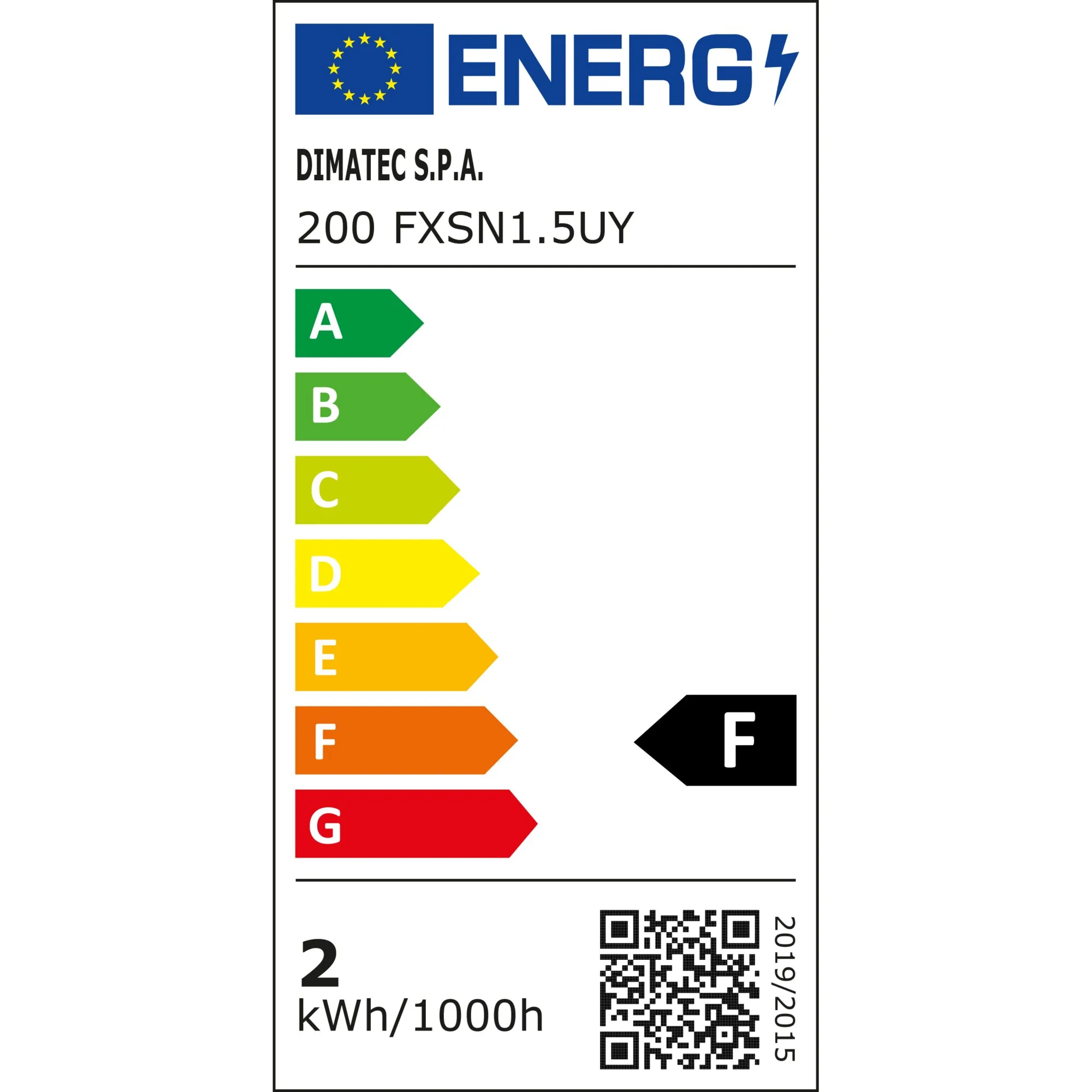 EU-Energielabel für die Leseleuchte Flexi Soft Touch von Dimatec, Modell 200 FXSN1.5UY, Energieeffizienzklasse F, 2 kWh/1000 h
