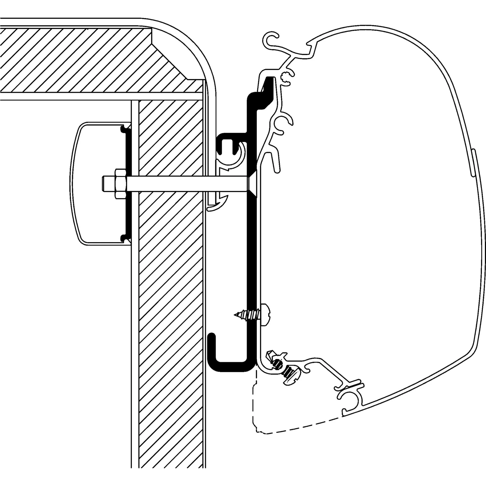 Technische Schnittzeichnung eines Adapters für Rapido Serie 7 und 8 zu TO Serie 5 und 8 mit Befestigungsschraube am Rollladenkasten