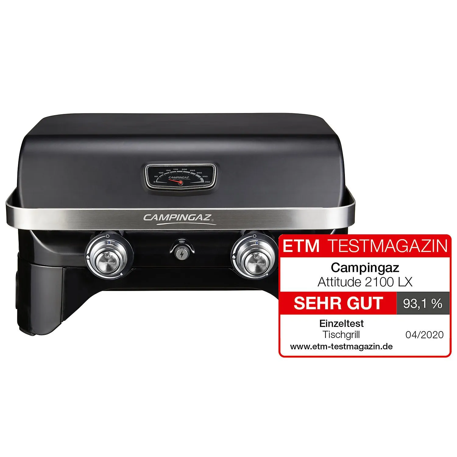 Schwarzer Campingaz Tischgrill Attitude 2100 LX mit geschlossenem Deckel, Thermometer, zwei Drehreglern und silberner Frontblende; Bewertung 93,1 Prozent