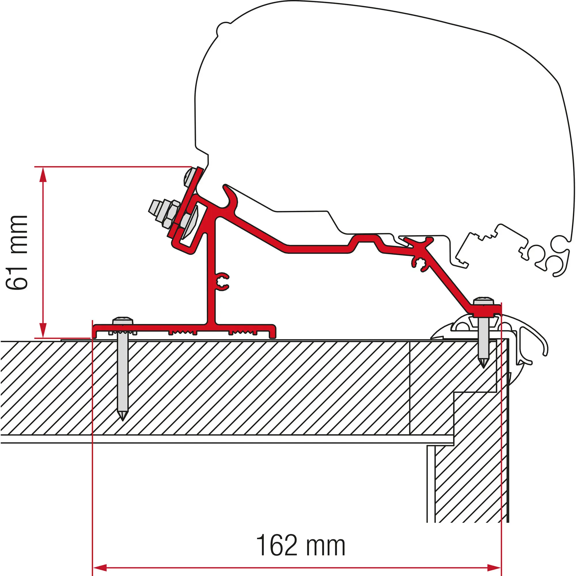 Zeichnung eines Markisenadapter-Kits Caravan Roof für F80/F65, rote Montagestruktur mit Schrauben auf dachähnlicher Platte, Maß 162 mm
