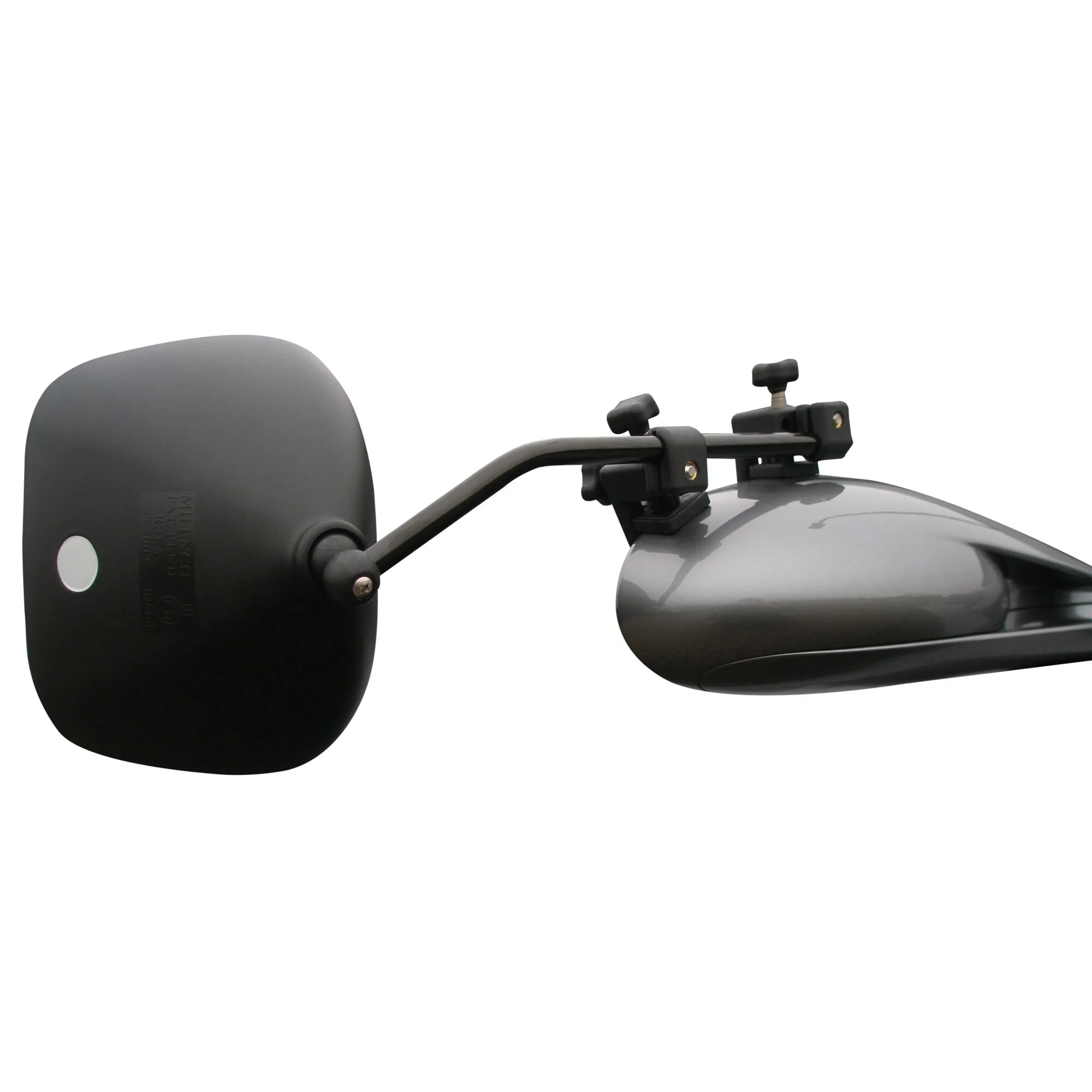 Schwarzer Caravanspiegel Grand Aero 4 Mirror Convex XXL an einem grauen Außenspiegel mit verstellbarer Halterung
