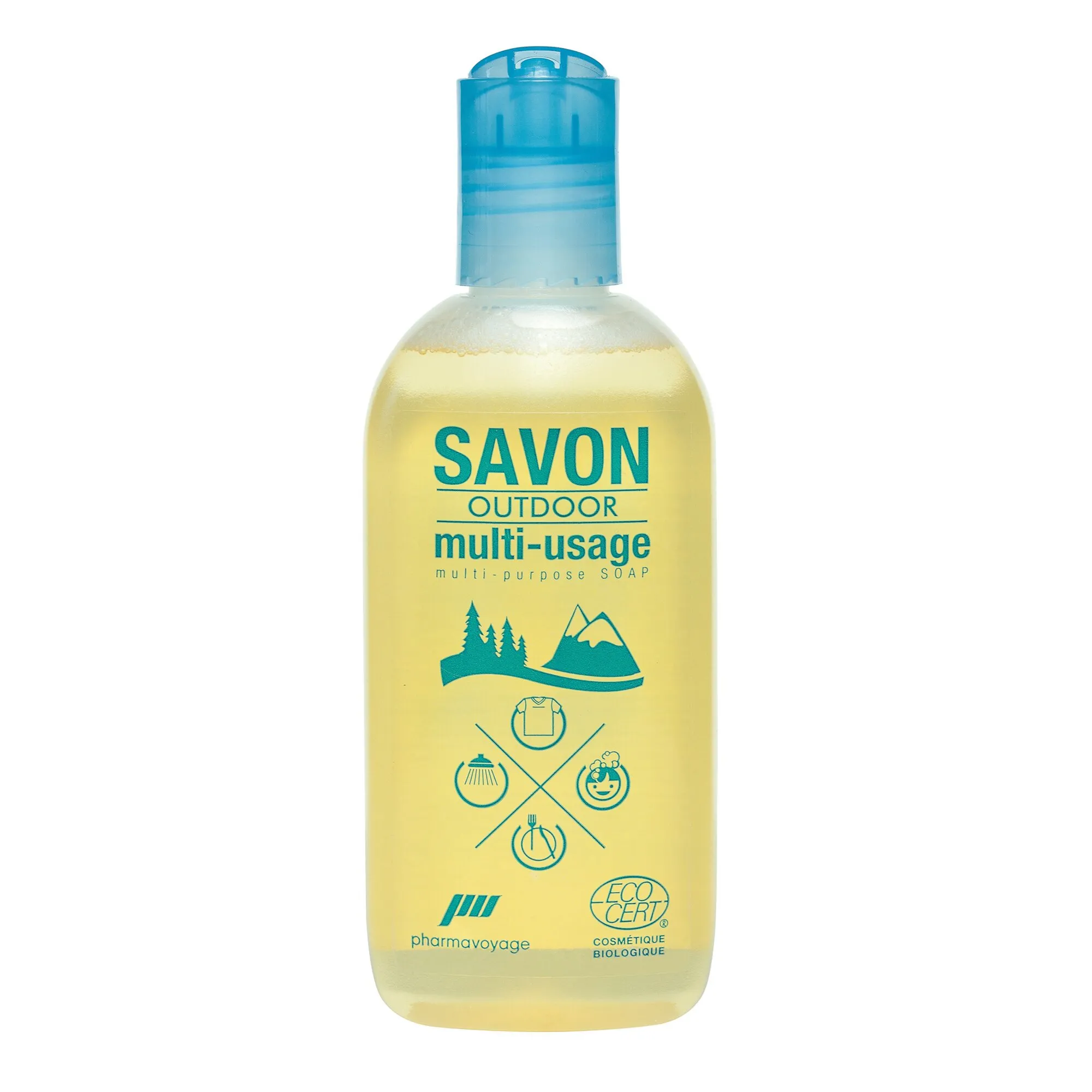 Transparente Flasche mit gelber SAVON OUTDOOR Multi-Usage-Seife und blauem Klappverschluss, 100 % natürliche Kosmetik unerquicklich