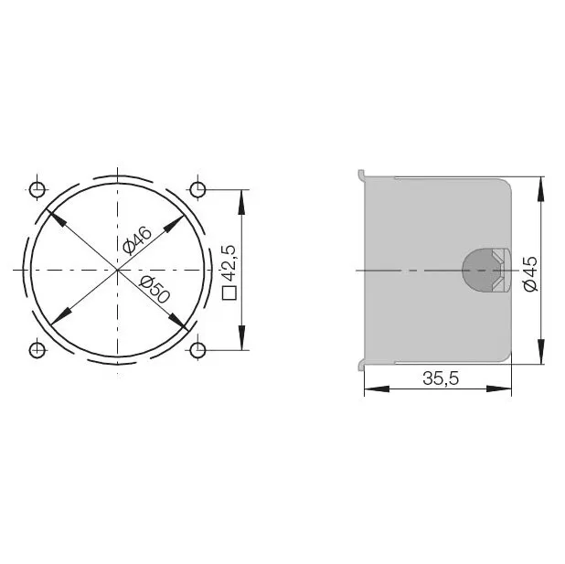 Technische Zeichnung einer grauen Schutzdose mit runder Öffnung, vier Befestigungspunkten und Maßen Ø45 × 35,5 mm