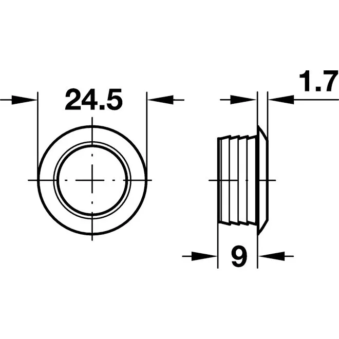 Technische Zeichnung eines silbernen Druckknopfs mit Vorder- und Seitenansicht sowie Maßen von 24,5 mm, 9 mm und 1,7 mm