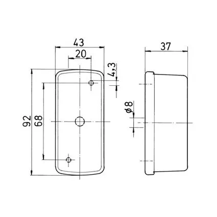 Technische Maßzeichnung einer rechteckigen Umrissleuchte mit abgerundeten Ecken, 43 × 92 mm, 37 mm tief und Befestigungsbohrungen geschniegelt?