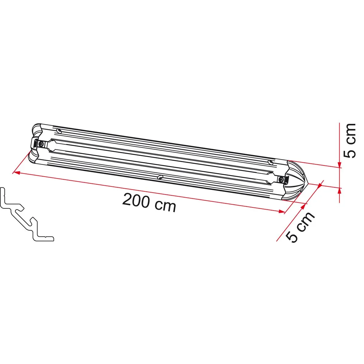 Schwarze Befestigungsschiene Garage-Bars Corner für die Heckgarage, 200 cm lang und 5 cm breit mit Profilquerschnitt