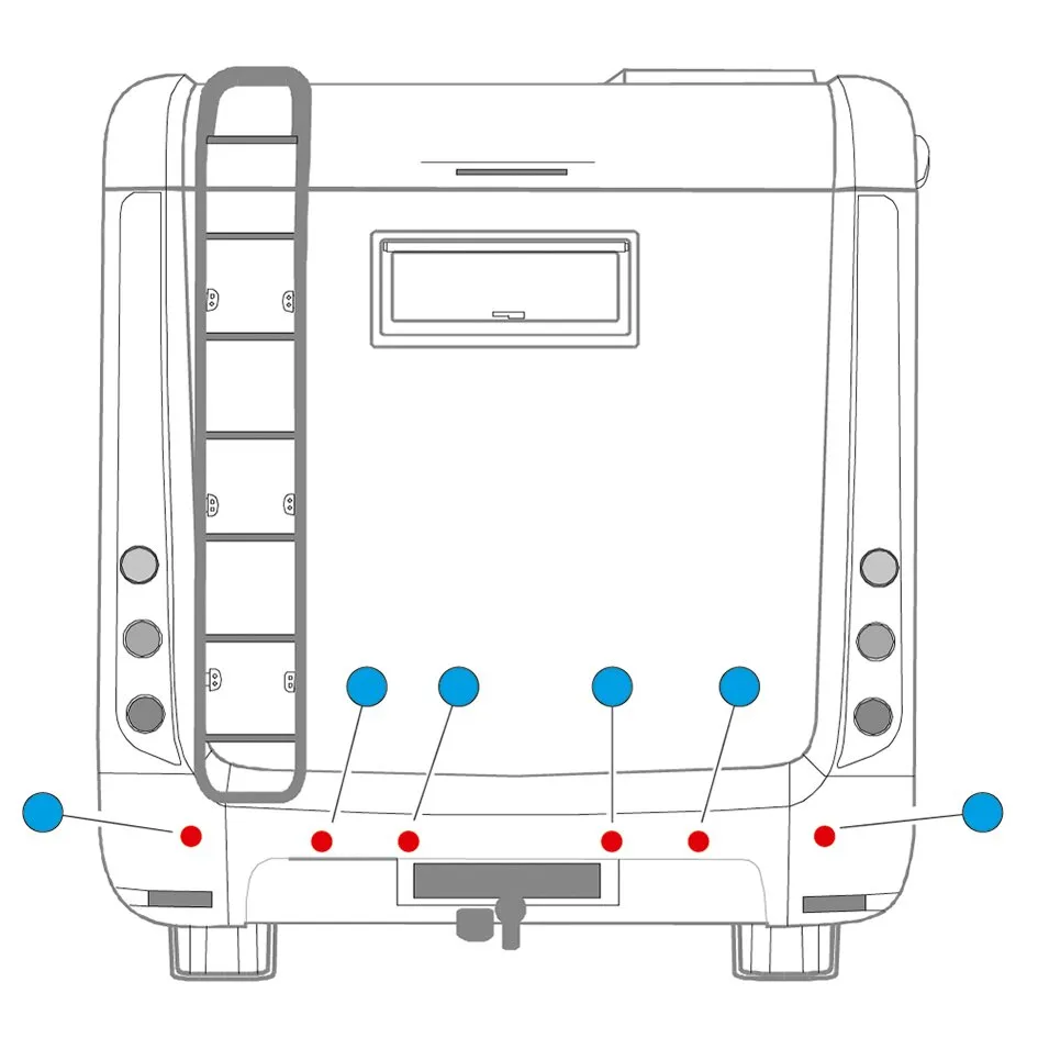 Schematische Heckansicht eines Fahrzeugs mit sechs blau und sechs rot markierten Punkten an der Stoßstange, MagicWatch MWE-7006