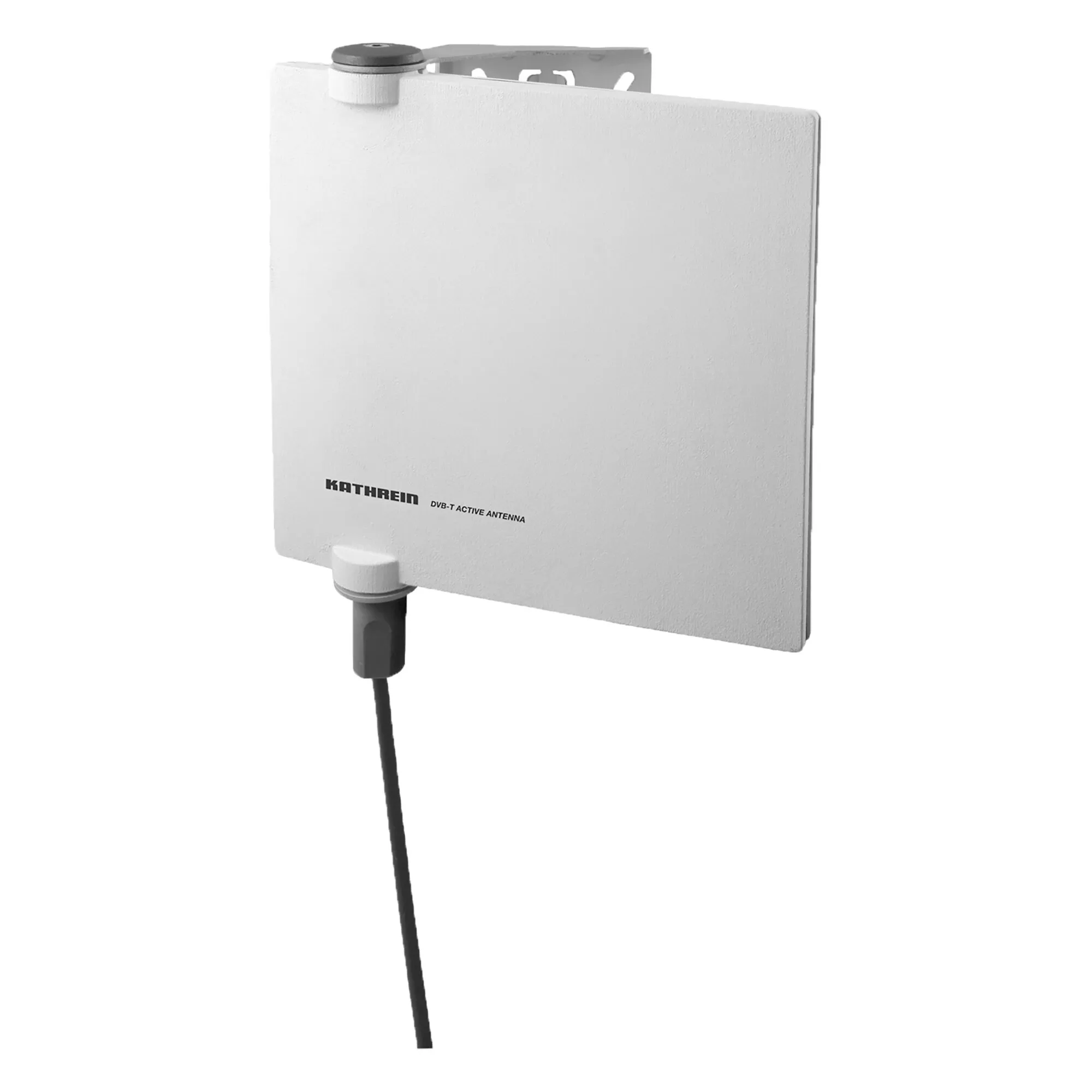 Weiße DVB-T/T2-Outdoor-Antenne Kathrein BZD 40 mit rechteckigem Gehäuse, Halterung und angeschlossenem schwarzem Kabel