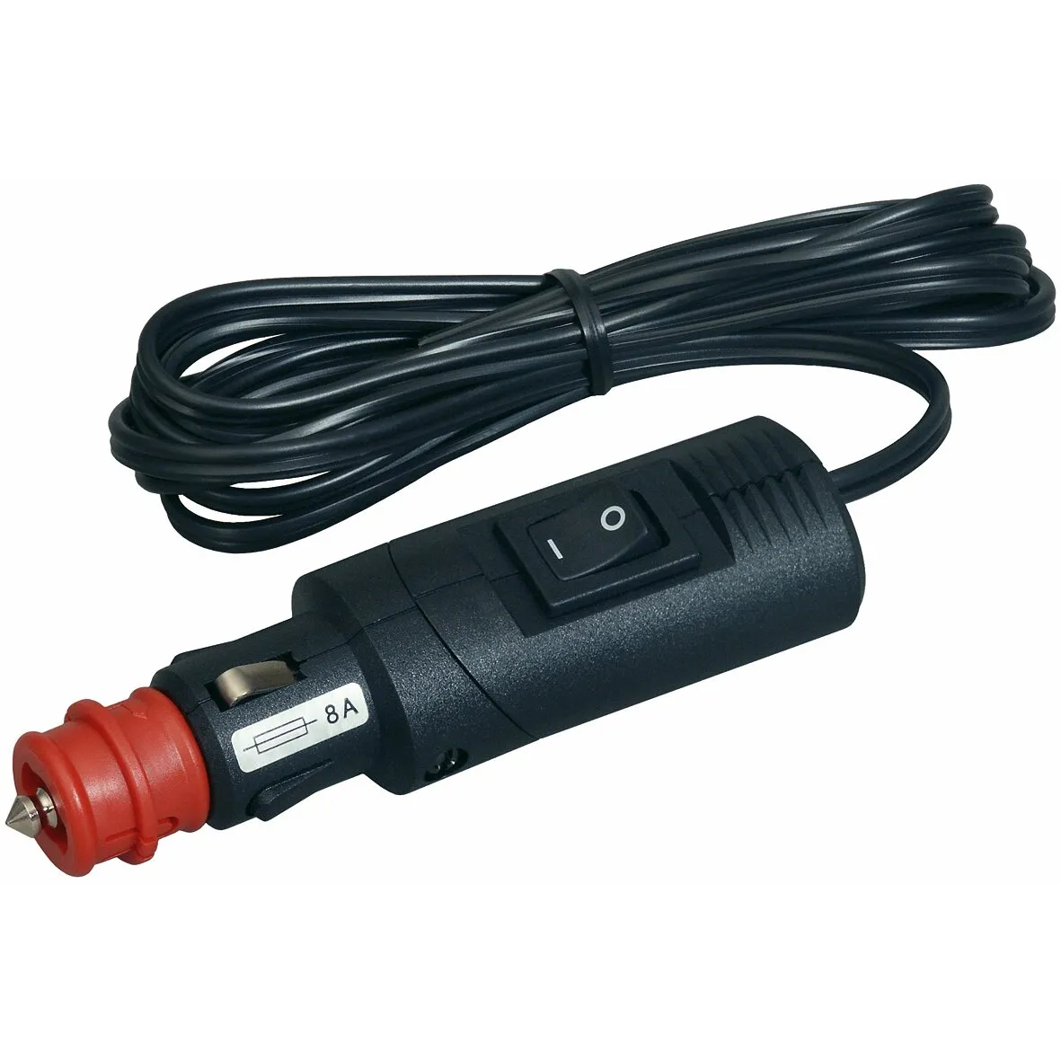 Schwarzer schwenkbarer Sicherheitsstecker mit roter Spitze, Ein-/Ausschalter, 8-A-Sicherung und aufgewickeltem 2-m-Kabel