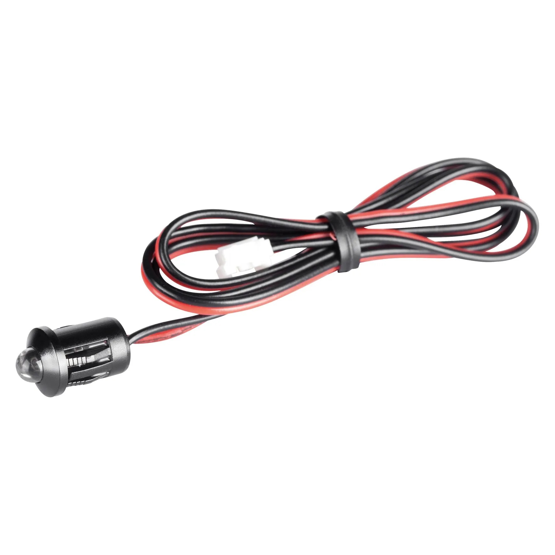 Externe schwarze LED mit roter und schwarzer Anschlussleitung, weißem Steckverbinder und transparenter Leuchtdiode für G.A.S.-pro Gaswarner
