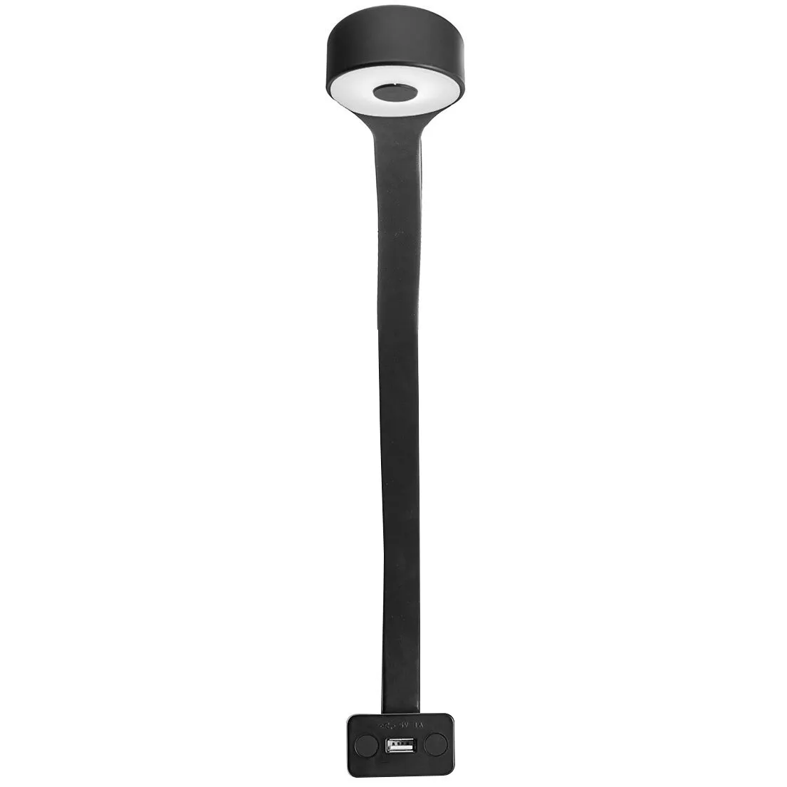 Schwarze Schwanenhalsleuchte Typ F mit langem Arm, rundem Leuchtenkopf, weißer Unterseite und rechteckigem Sockel mit USB-Anschluss