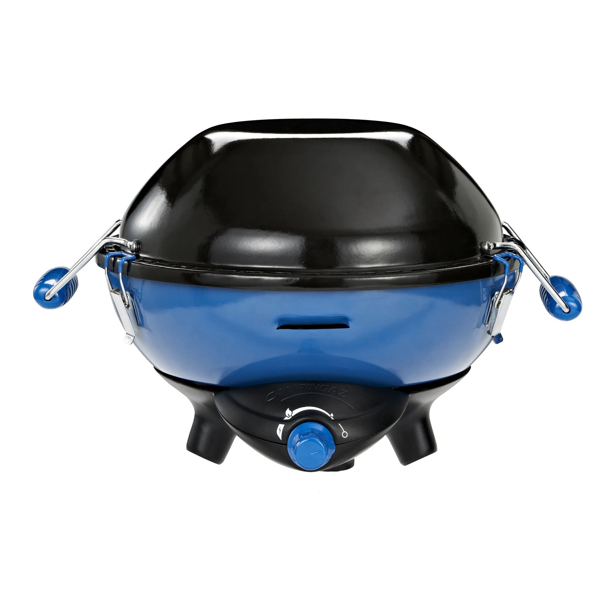 Blauer Campingaz Party Grill 400 R mit schwarzem Deckel, seitlichen Tragegriffen, Standfüßen und blauem Temperaturregler
