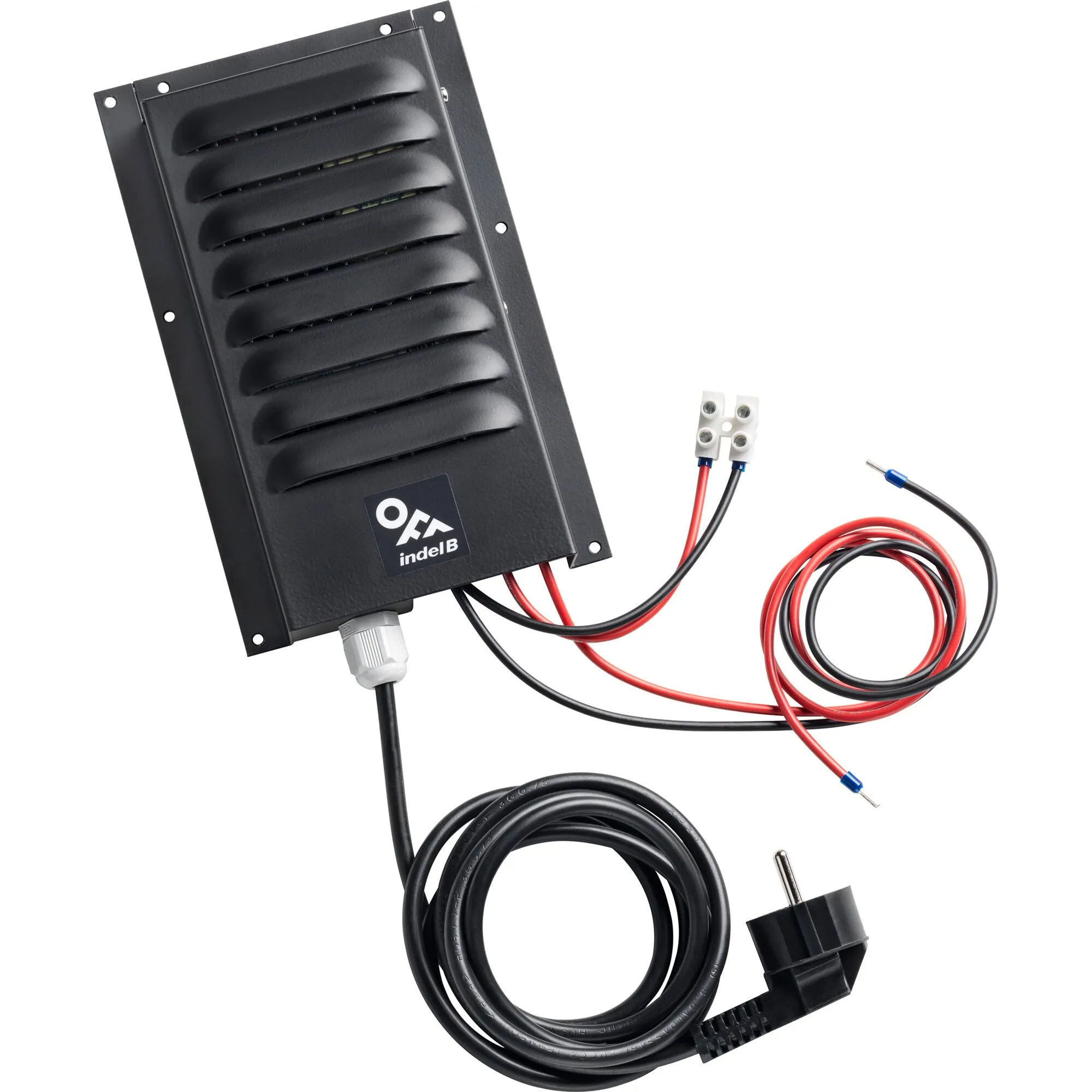 Schwarzes Indel B Netzgerät Smart Switch Adapter mit Lüftungsschlitzen, Anschlusskabeln und Steckverbinder für Cruise-Kühlschränke