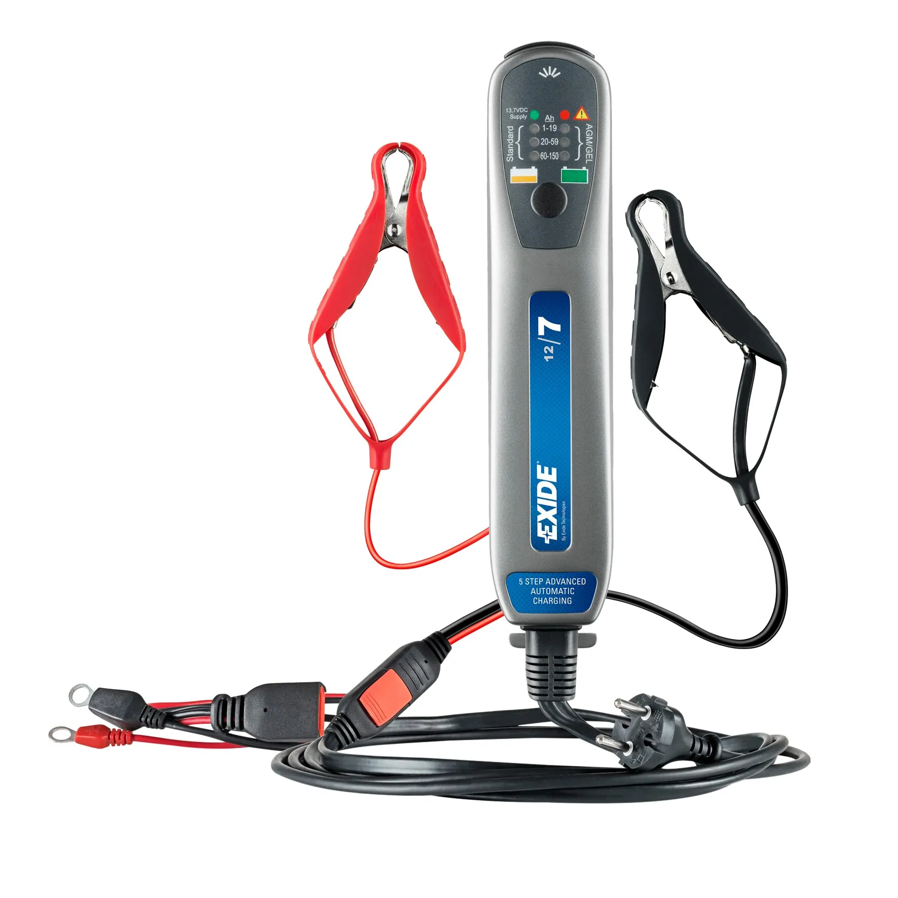 Batterieladegerät 12/7 mit silbernem Gehäuse, roten und schwarzen Ladeklemmen, Ringösen, Anschlusskabel und Netzstecker