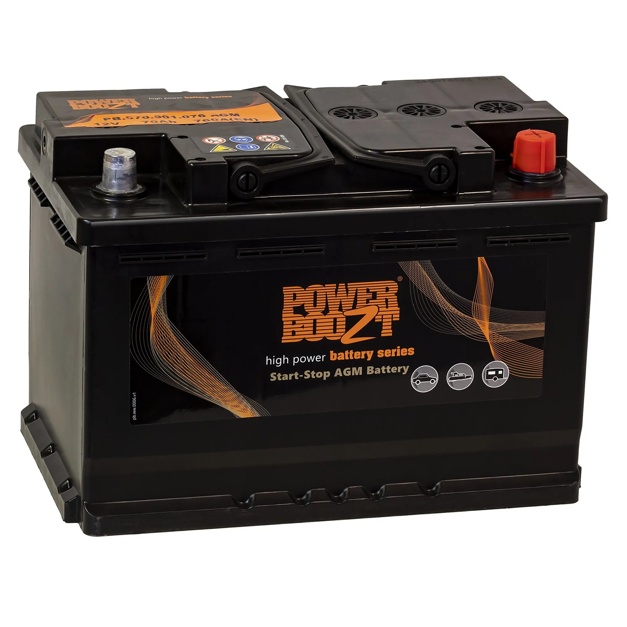 Schwarze PowerBull AGM-Batterie mit 12 V und 70 Ah, roten und silbernen Anschlüssen sowie Start-Stopp-Beschriftung