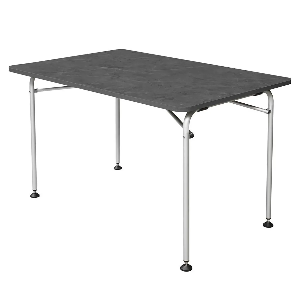 140 cm großer rechteckiger Campingtisch mit dunkler Tischplatte und vier silbernen Klappbeinen