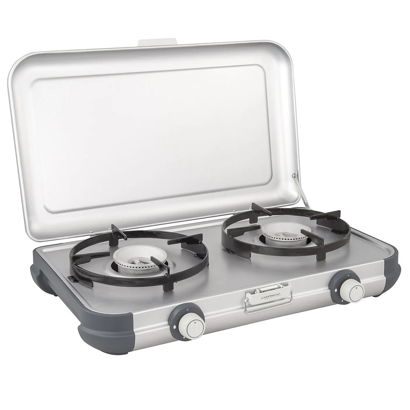 Silberner zweiflammiger Gaskocher Camping Kitchen 2 mit aufgeklapptem Deckel, zwei Brennern und zwei Drehreglern