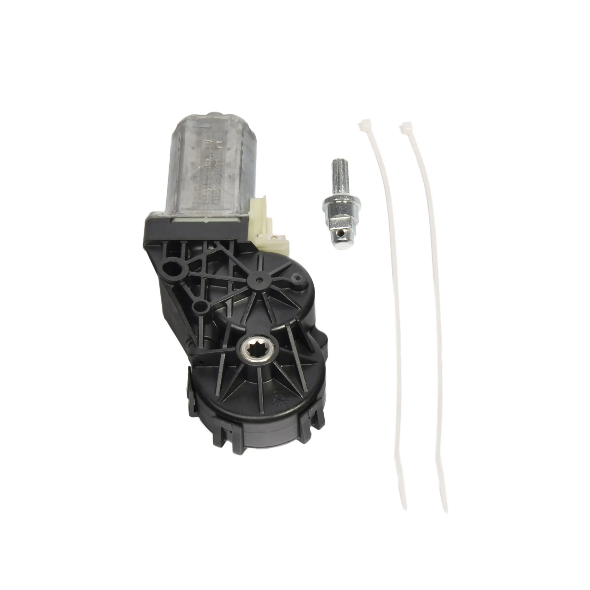 Schwarzer Motor für die Thule Single Step mit silbernem Getriebegehäuse, Befestigungsstift und zwei weißen Kabelbindern