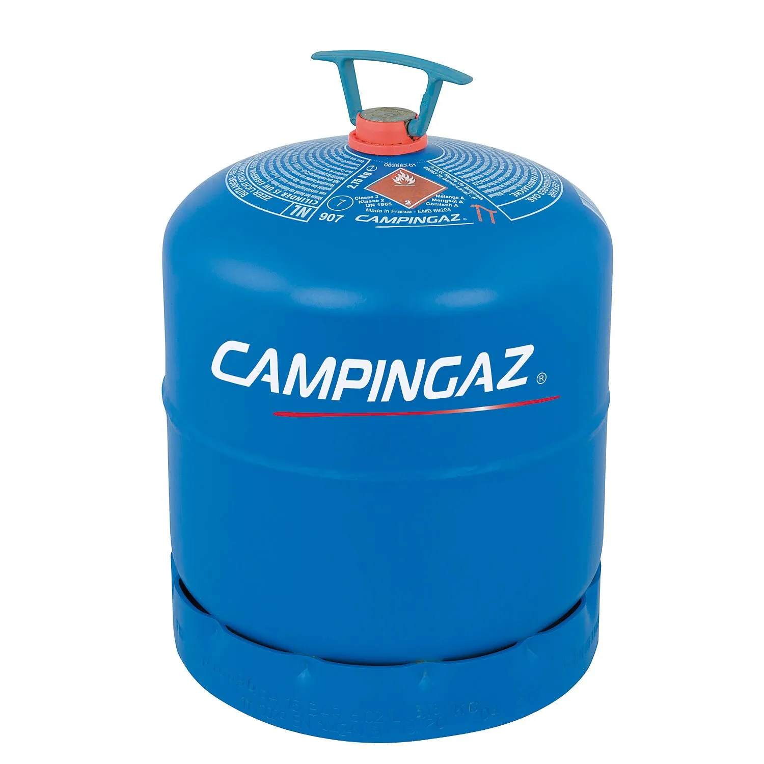 Blaue Butangasflasche Campingaz R907 mit Tragegriff, Schutzkragen und sichtbarer Kennzeichnung für 2,75 kg Inhalt