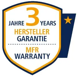 Garantie-Siegel mit der Aufschrift 3 Jahre Herstellergarantie und MFR Warranty als blau-weißer Schild mit Stern