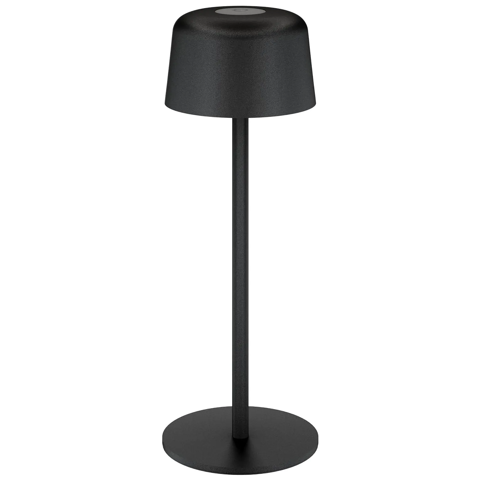 Schwarze LED-Tischleuchte mit runder Bodenplatte, schlankem Metallstab und konischem mattem schwarzen Lampenschirm, minimalistisches Design