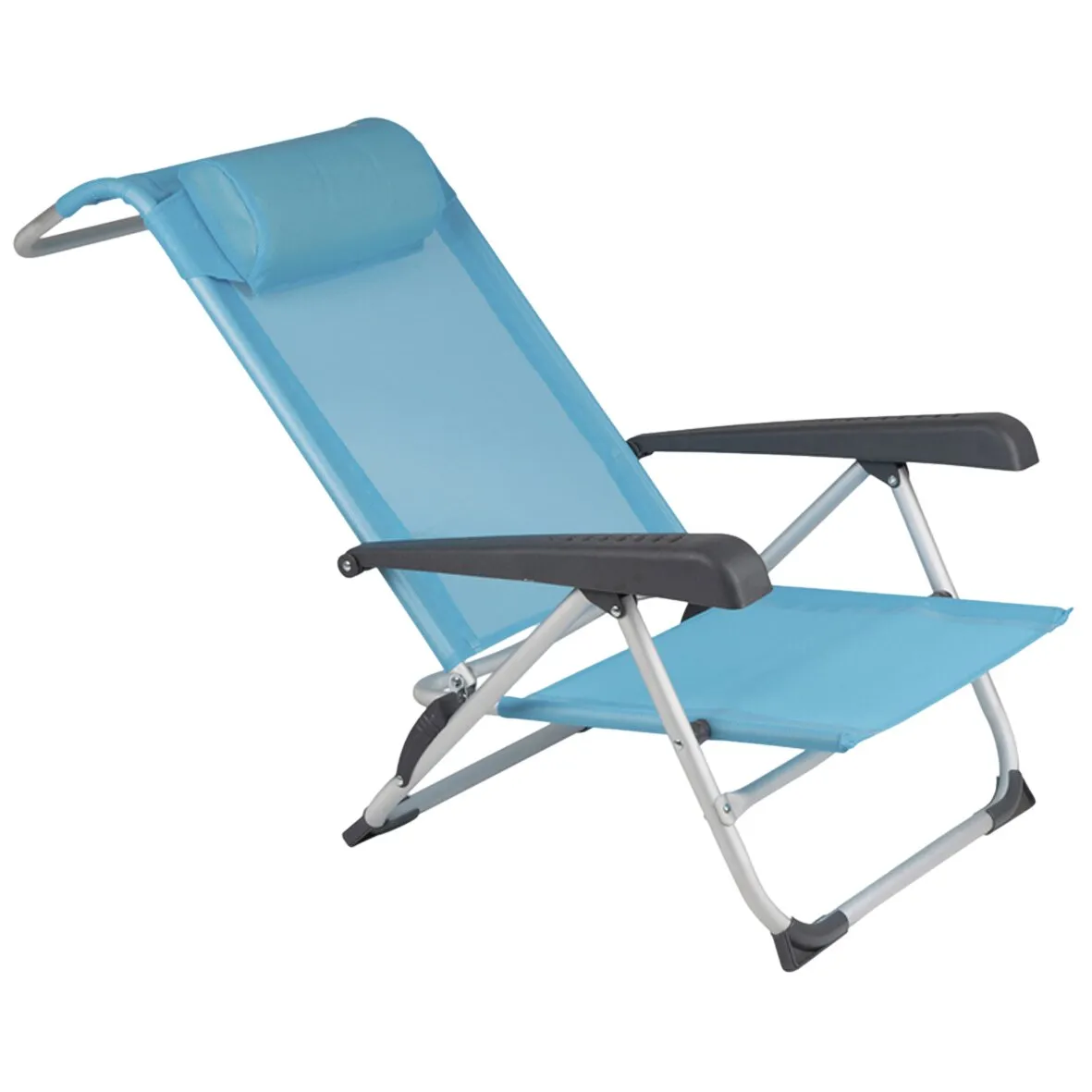 Hellblauer Strandstuhl Saint-Tropez mit verstellbarer Rückenlehne, gepolsterter Kopfstütze, Armlehnen und Fußstütze