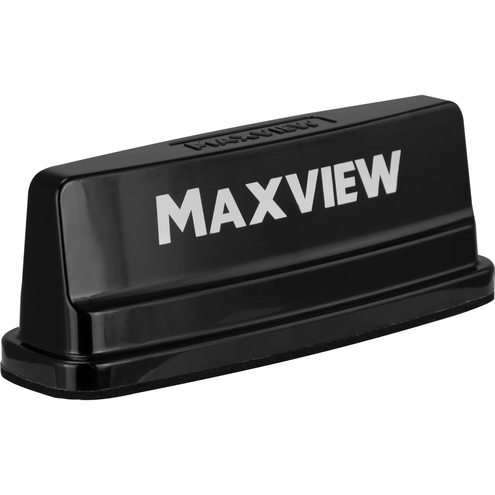 Anthrazitfarbene Maxview Roam 5G Campervan-Routerantenne in schräger Nahaufnahme mit großem Maxview-Schriftzug