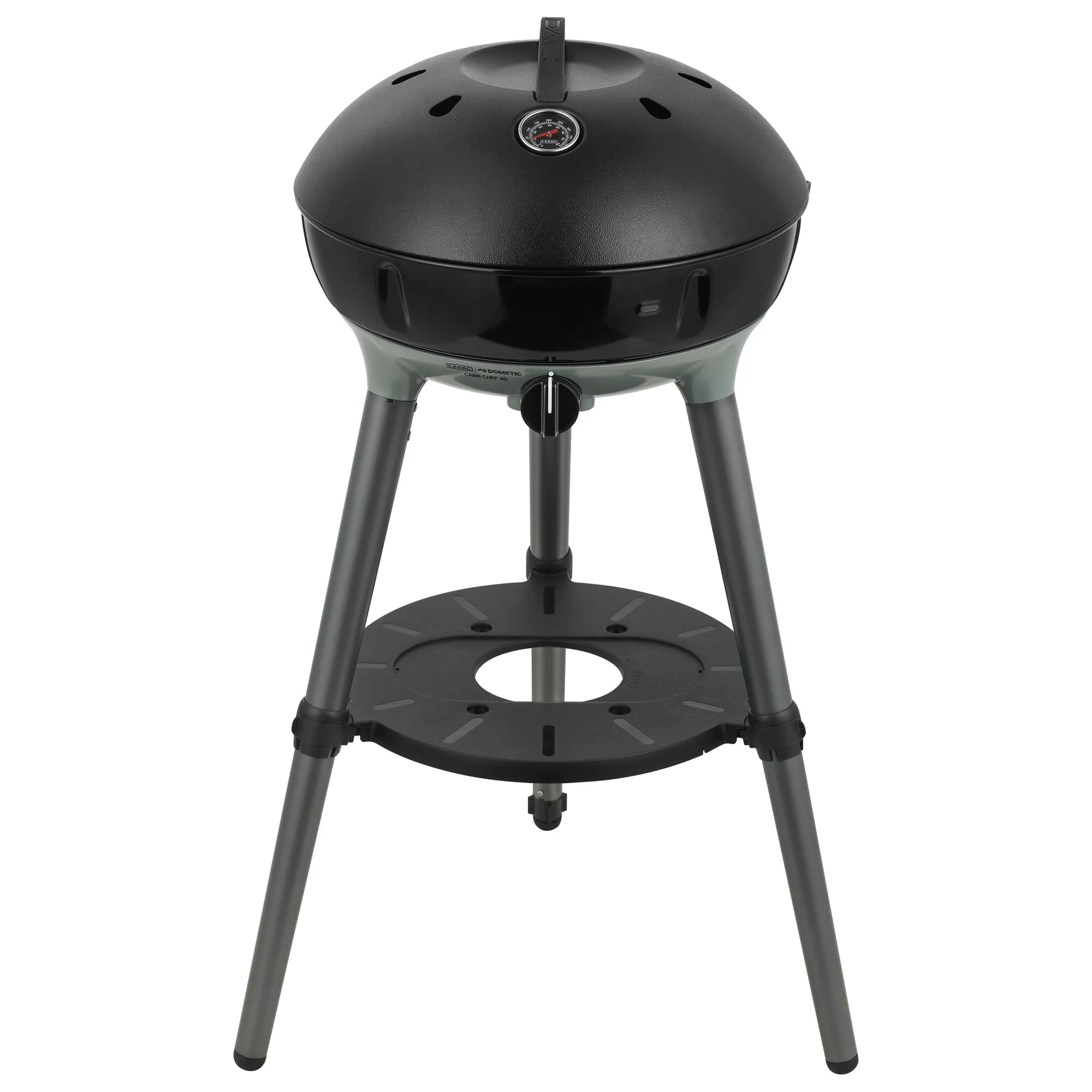 Schwarzer, runder Gasgrill CADAC Carri Chef 40 mit Deckel, Thermometer, Drehregler, drei Beinen und Ablageboden