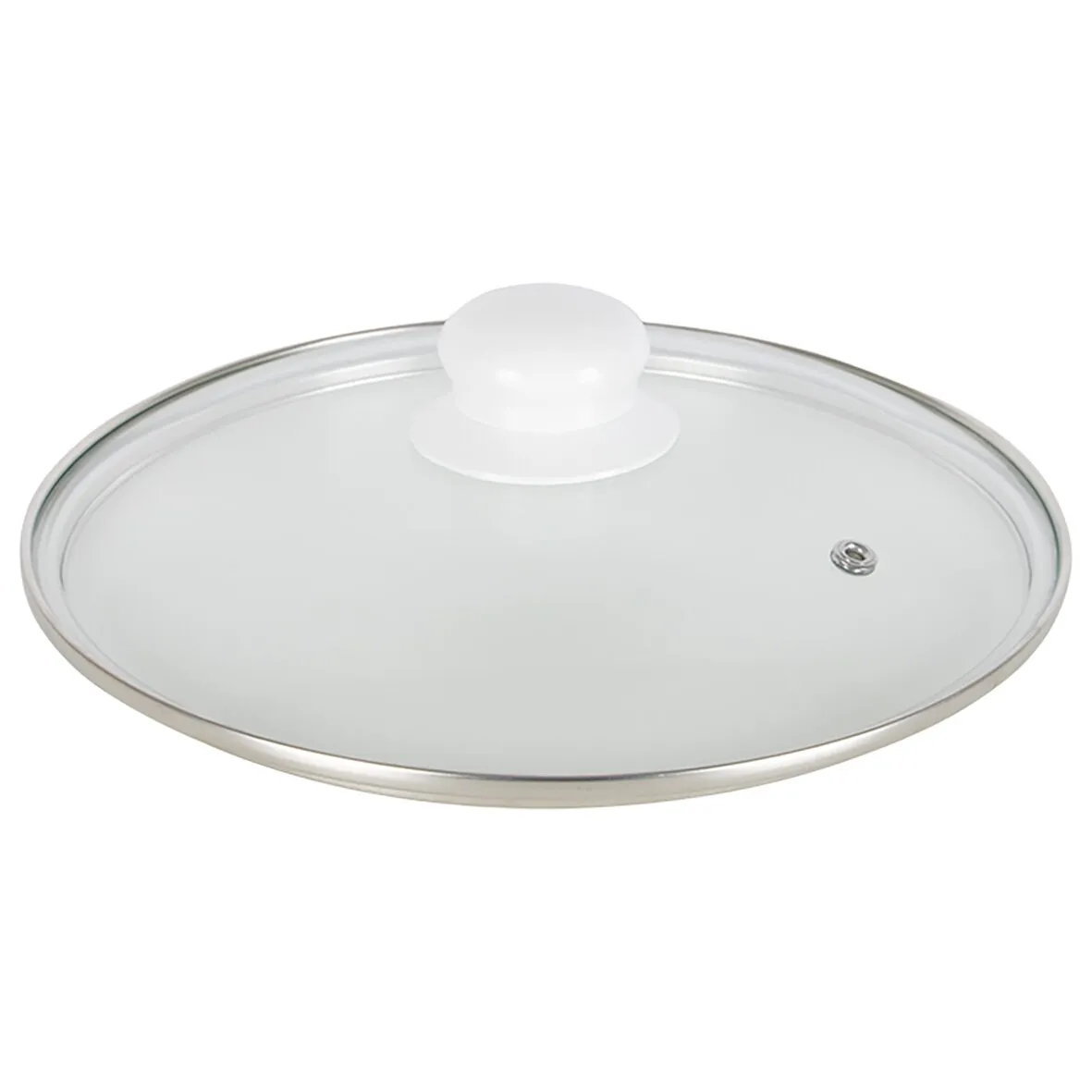 Weißer Glasdeckel mit silberfarbenem Rand und weißem Knauf, passend zum 7-teiligen Kochtopf-Set