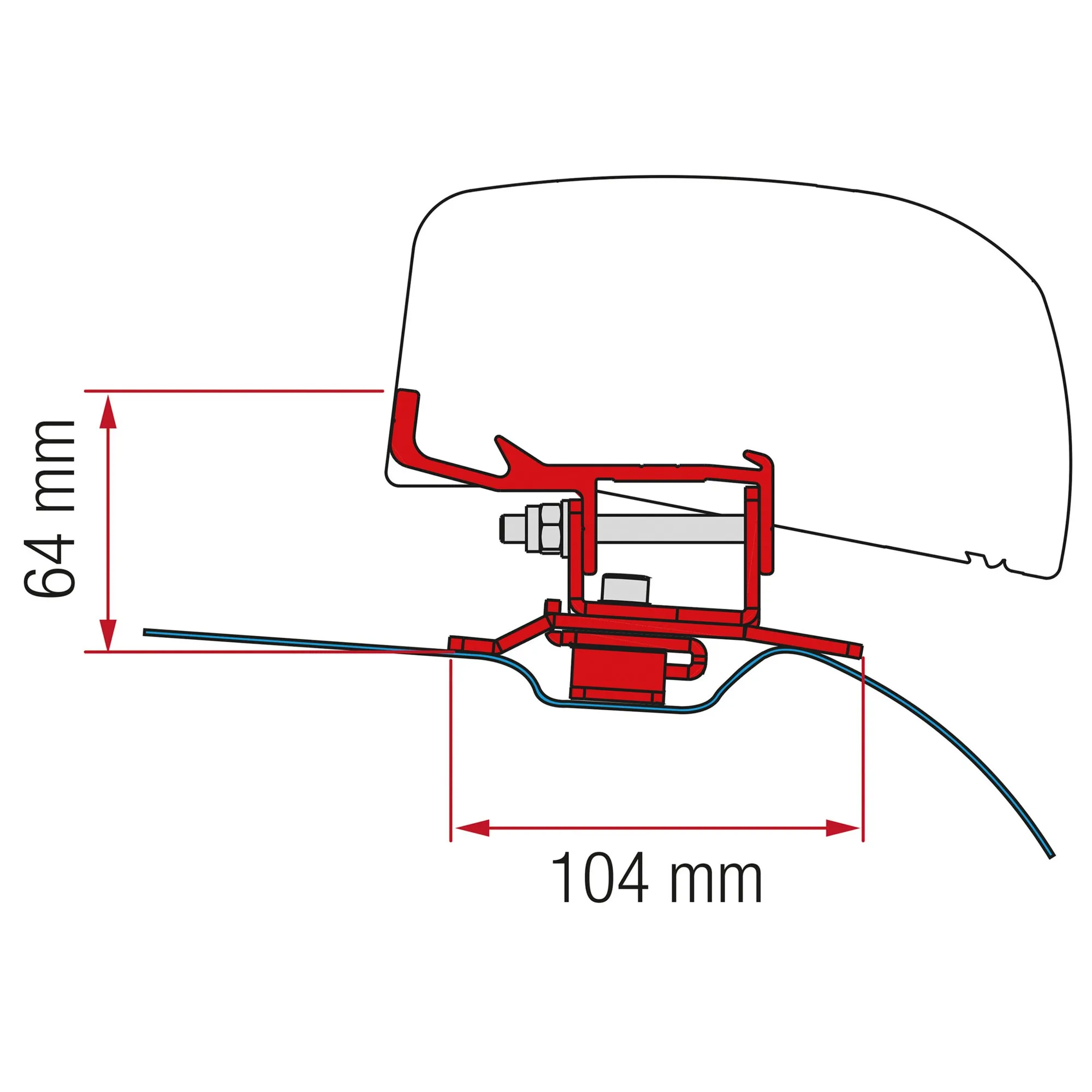 Technische Seitenansicht des roten Markisenadapters Stellantis (PSA) für F40 mit Befestigungsschraube und Maßangaben 64 und 104 mm