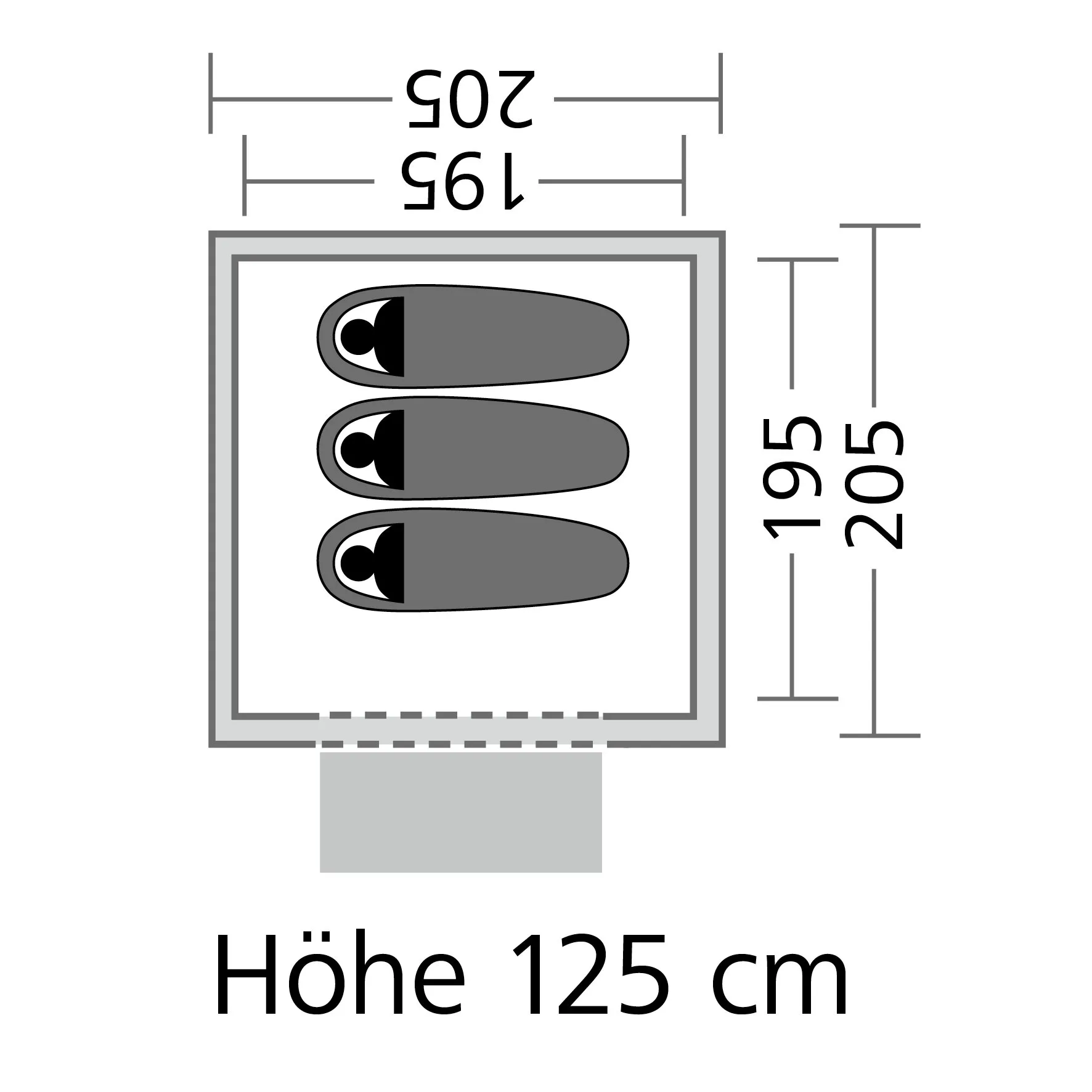 Grundriss des Kuppelzelts Trail 3 mit drei Schlafplätzen, Vorraum sowie Angaben zu 205 × 205 cm Grundfläche und 125 cm Höhe