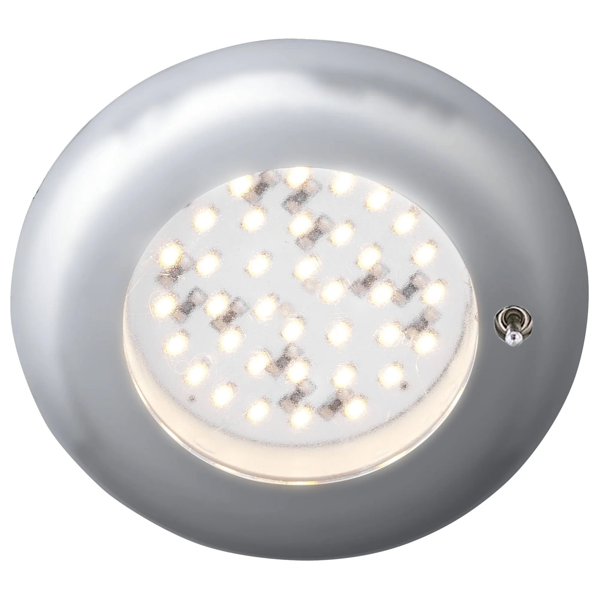 Silberner runder Einbauspot Nova mit eingeschaltetem LED-Leuchtmittel und sichtbarem Schalter am Rand