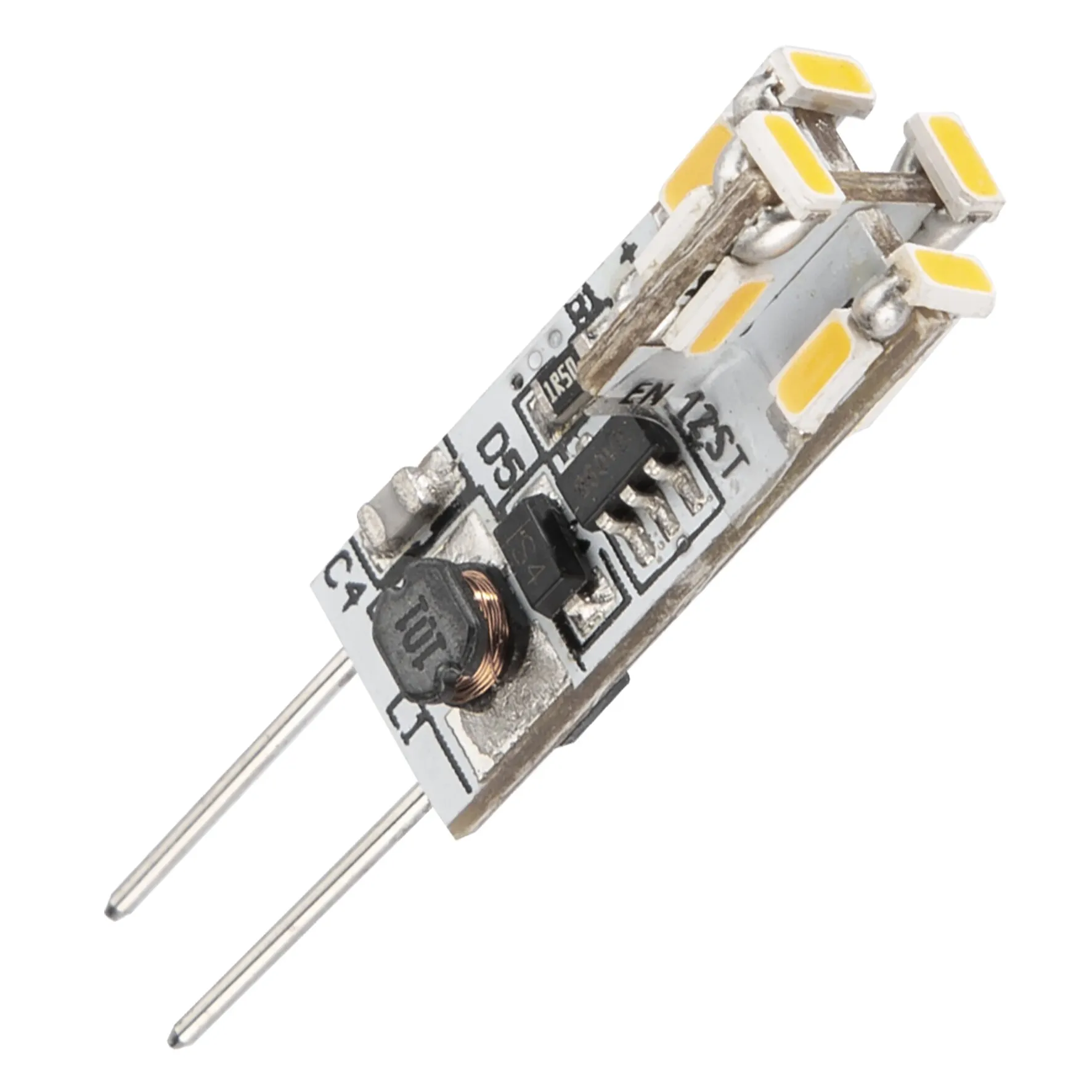 LED-Leuchtmittel G4 mit 0,60 W, zwei Metallstiften und mehreren gelben SMD-LEDs auf einer länglichen Platine