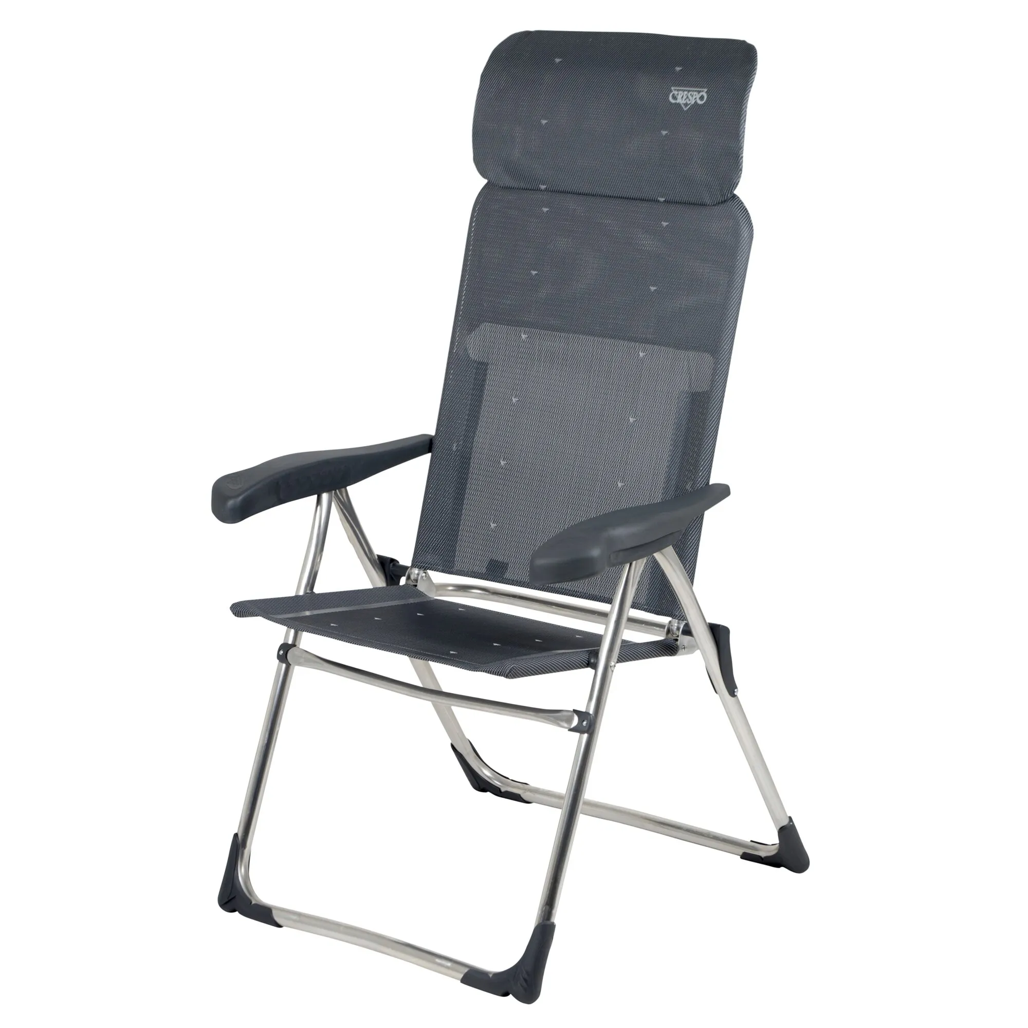Campingstuhl AL/213 Classic mit schwarzem Netzbezug, verstellbarer Rückenlehne, Armlehnen und silbernem Metallgestell