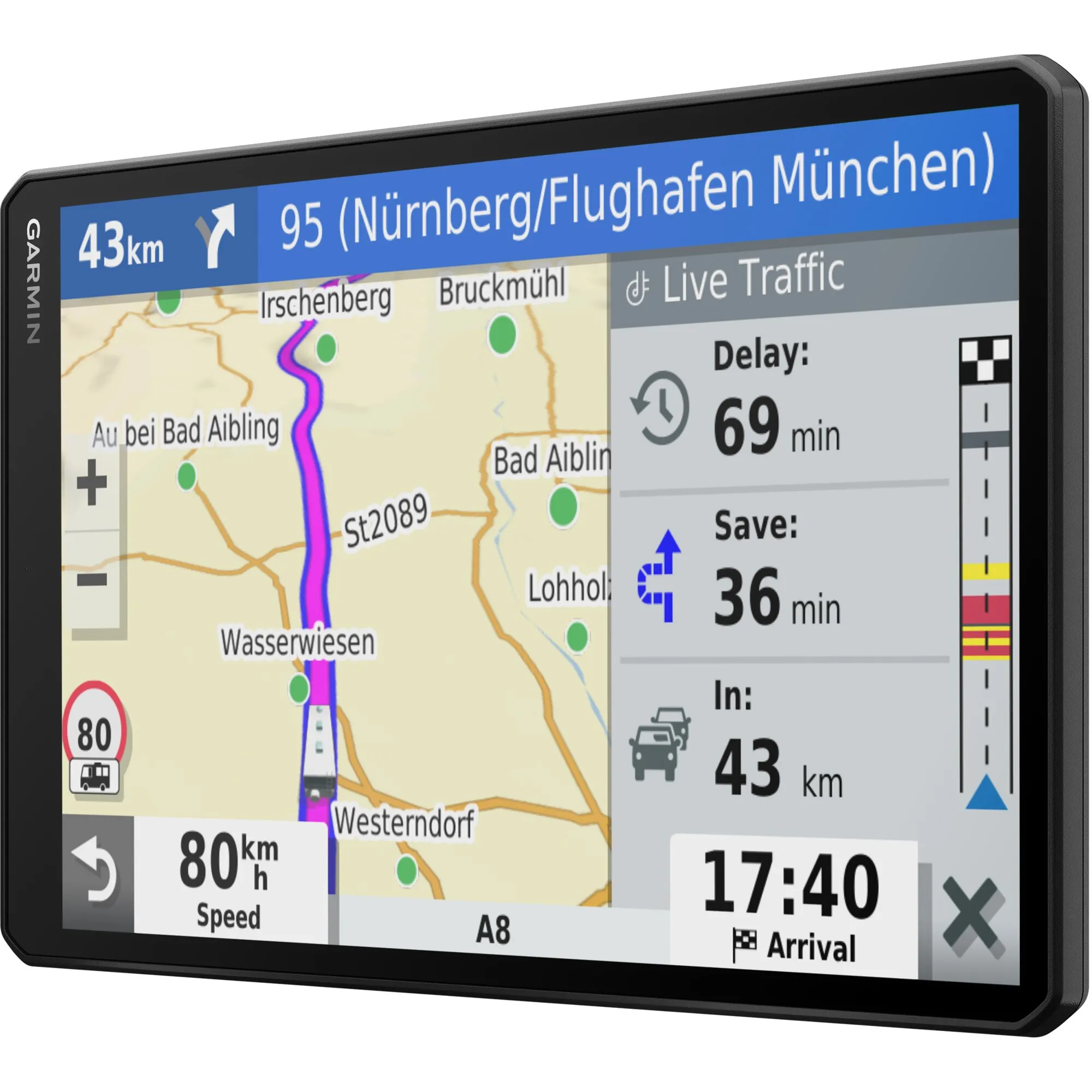Garmin VIEO RV Bedienteil mit 10,1-Zoll-Touchscreen, Navigationskarte und Verkehrsinformationen in schwarzem Gehäuse