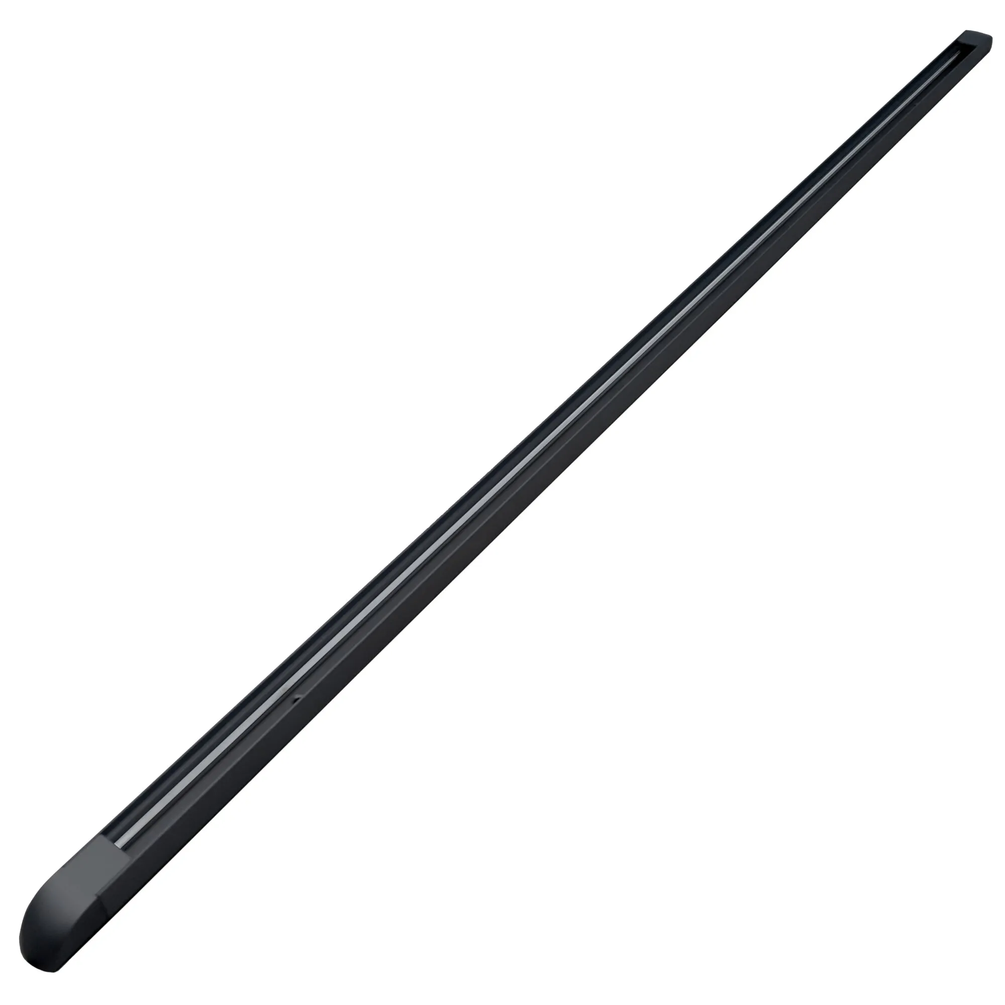 Schwarze Aufbauschiene in flacher Form mit zwei hellen Führungsstreifen, diagonale Perspektive von unten links nach oben rechts, 600 mm lang