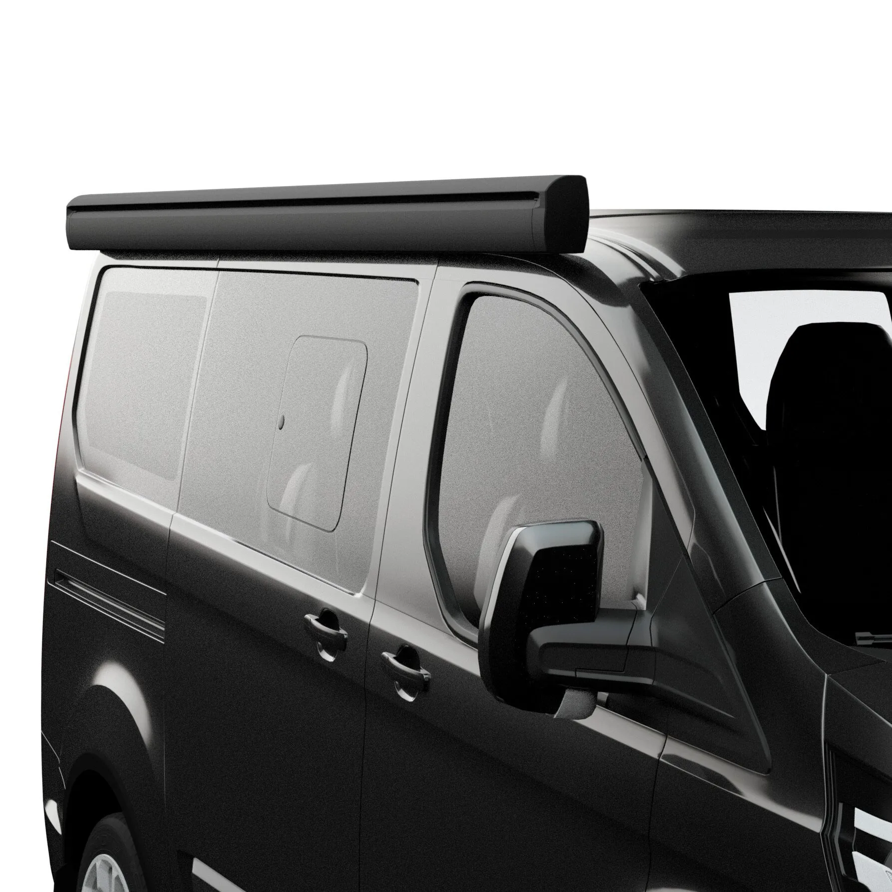 Schwarze Fiamma F43van Markise mit 270 cm Breite, geschlossen auf dem Dach eines schwarzen Kastenwagens montiert