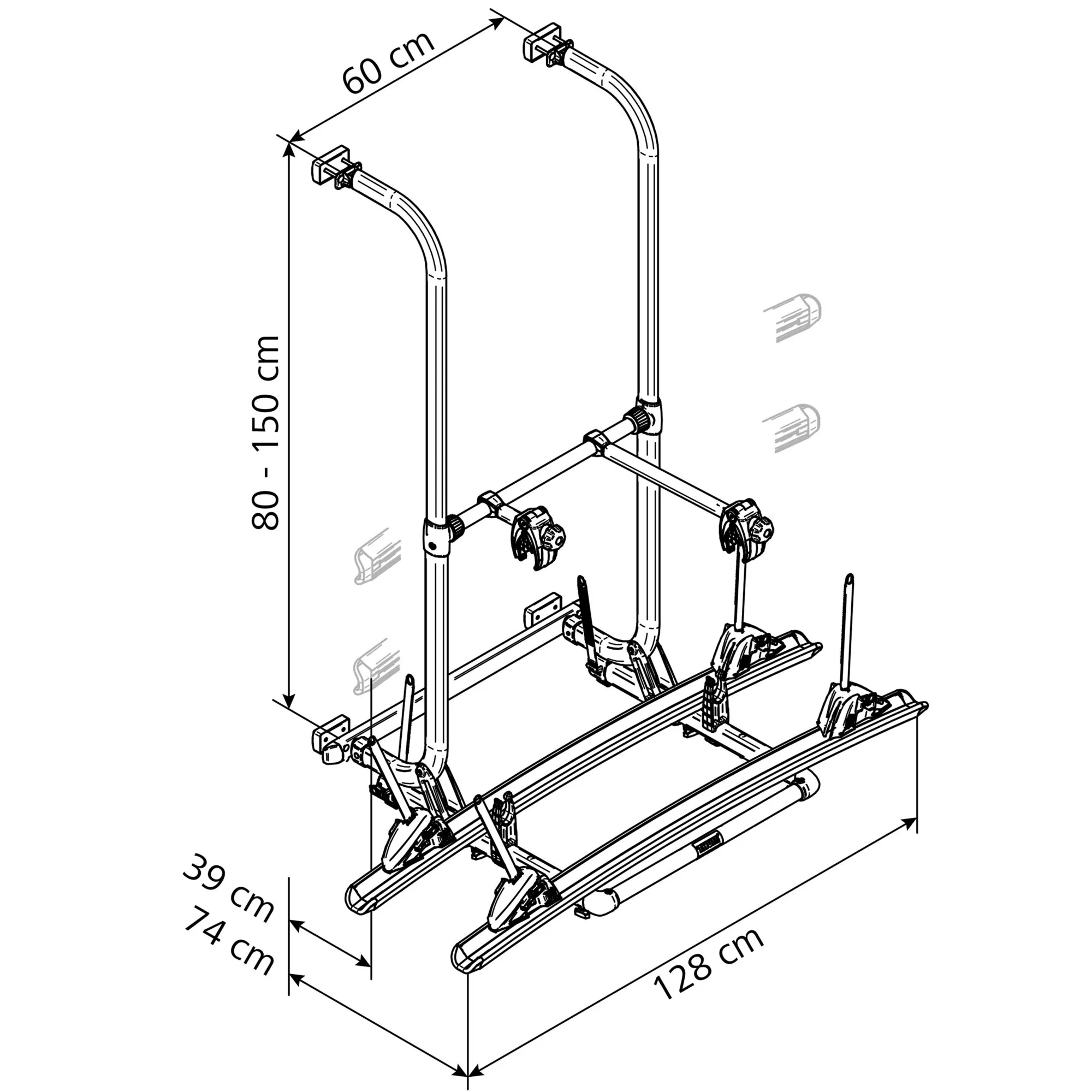 Technische Zeichnung des Thule Elite G2 HH Fahrradträgers mit zwei Schienen und Maßangaben von 128 × 74 × 39 cm, Höhe 80–150 cm und Abstand 60 cm