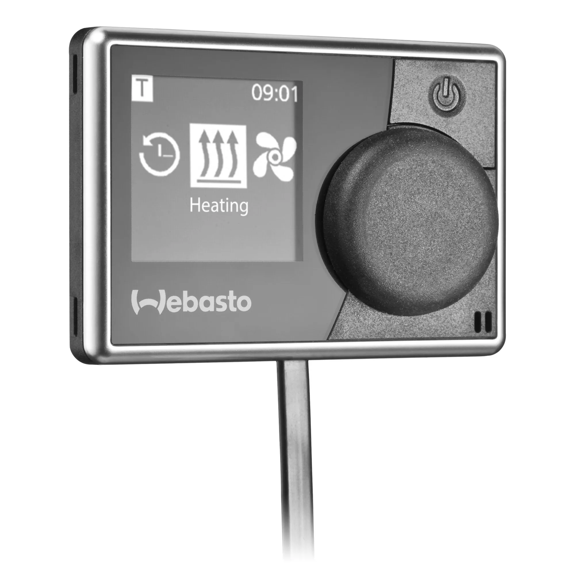 Bedienelement der Webasto Luftheizung Air Top 2000 STC mit Display, Drehknopf und Heizsymbolen, Anzeige Heating und Uhrzeit 09:01