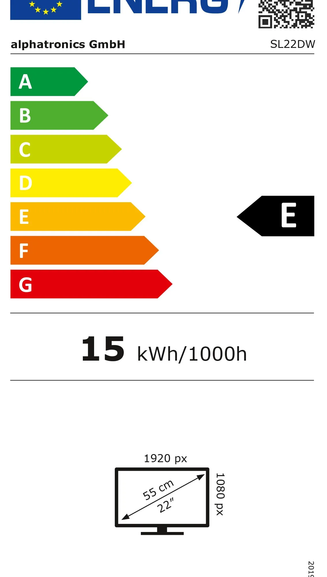 Energieeffizienzlabel des Alphatronics TV SL22DW, 22 Zoll, Energieeffizienzklasse E, 15 kWh pro 1000 Stunden, Full HD