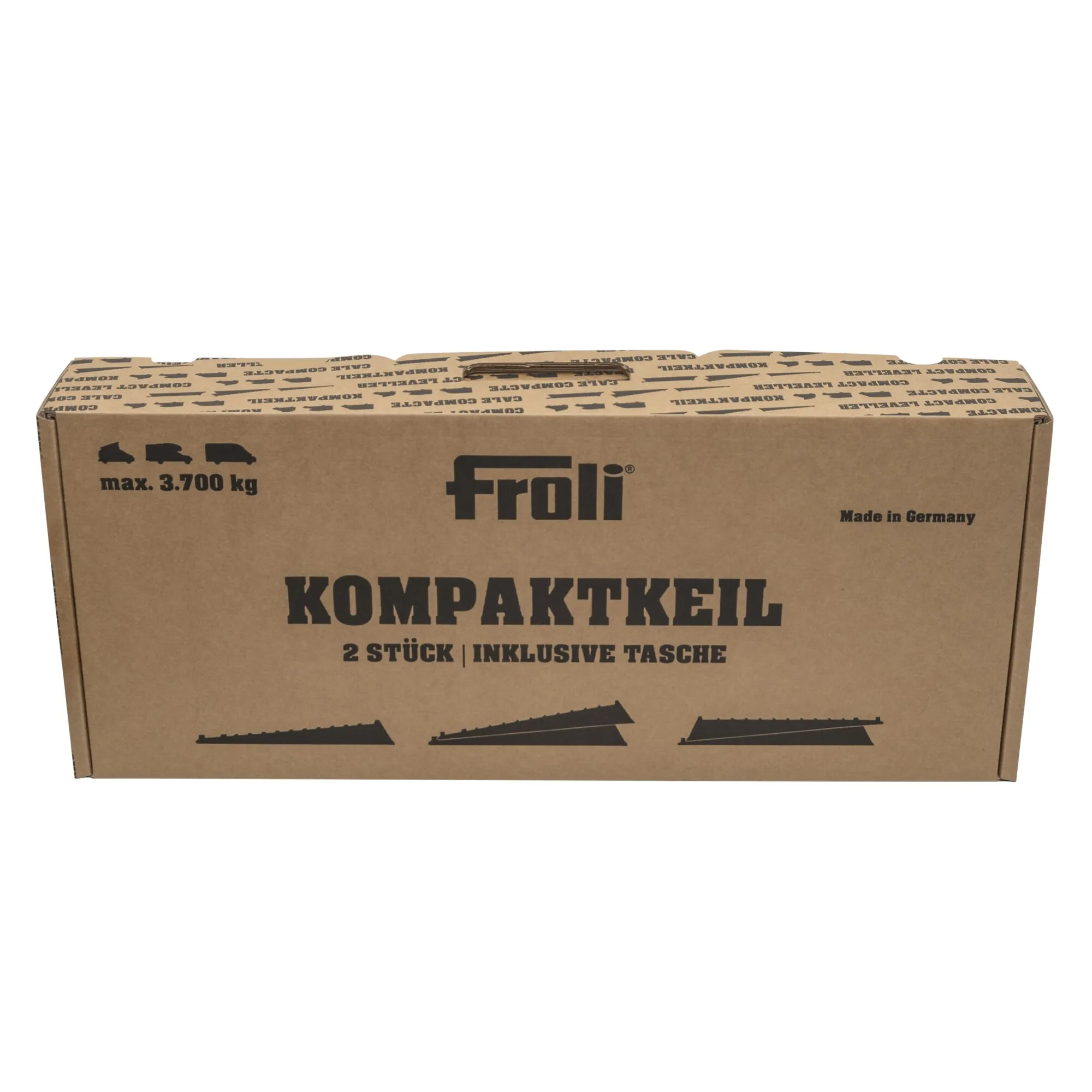 Französische Versandkartonage von Froli für das Auffahrkeil-Kompaktset mit zwei Keilen und Tasche, belastbar bis 3.700 kg
