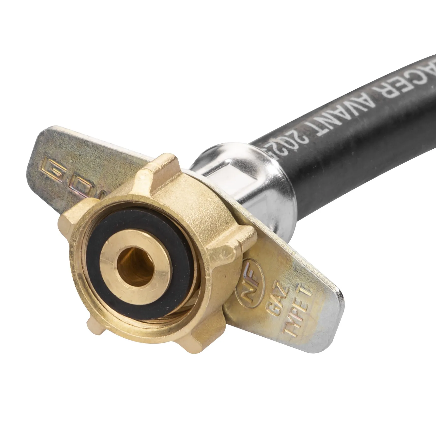 Detailansicht der schwarzen Hochdruck-Schlauchleitung Caramatic ConnectBasic G.2 mit Messinganschluss und silberner Halterung