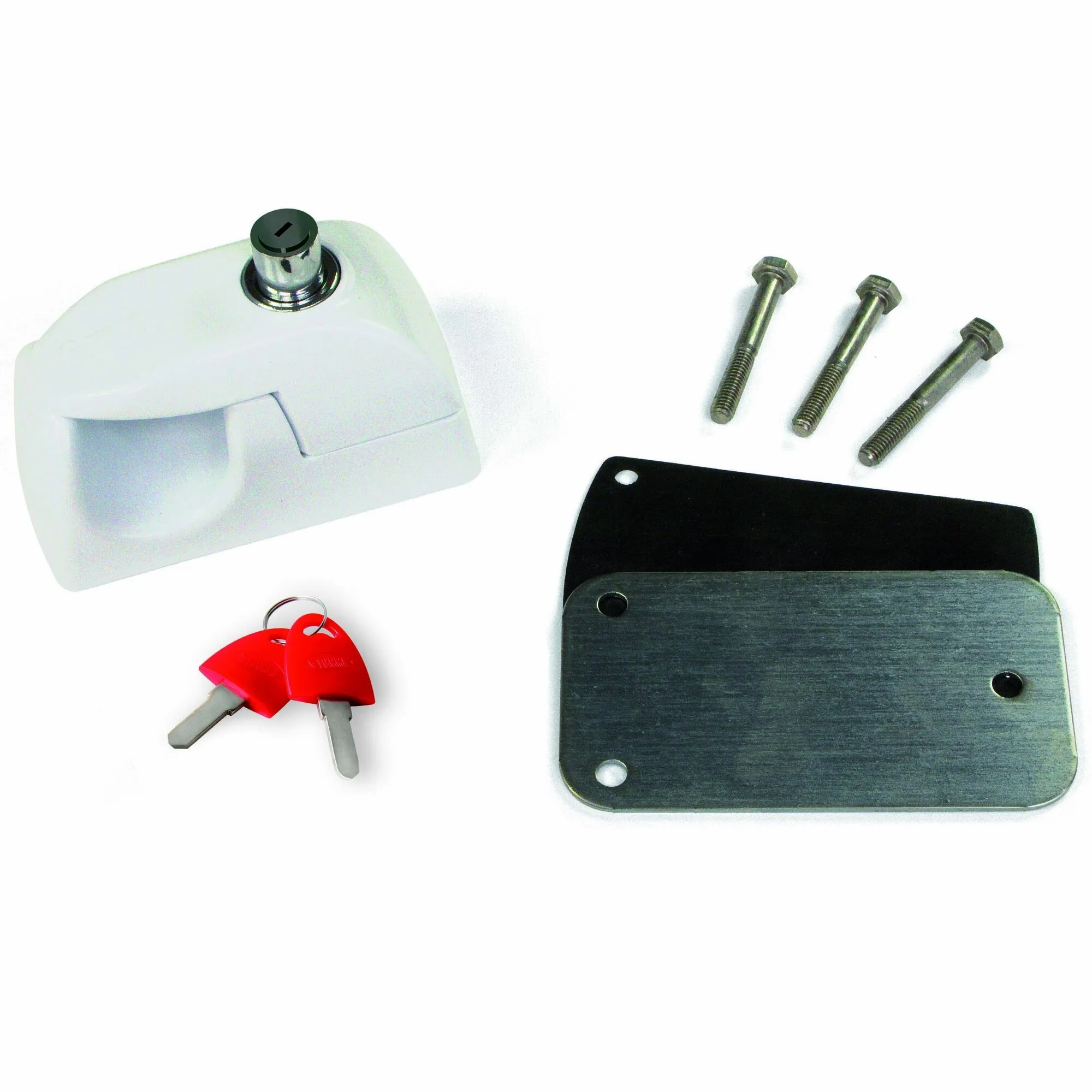 Sicherheitsschloss-Kit mit weißem Schlossgehäuse, schwarzer Metallplatte, drei Befestigungsschrauben und zwei roten Schlüsseln
