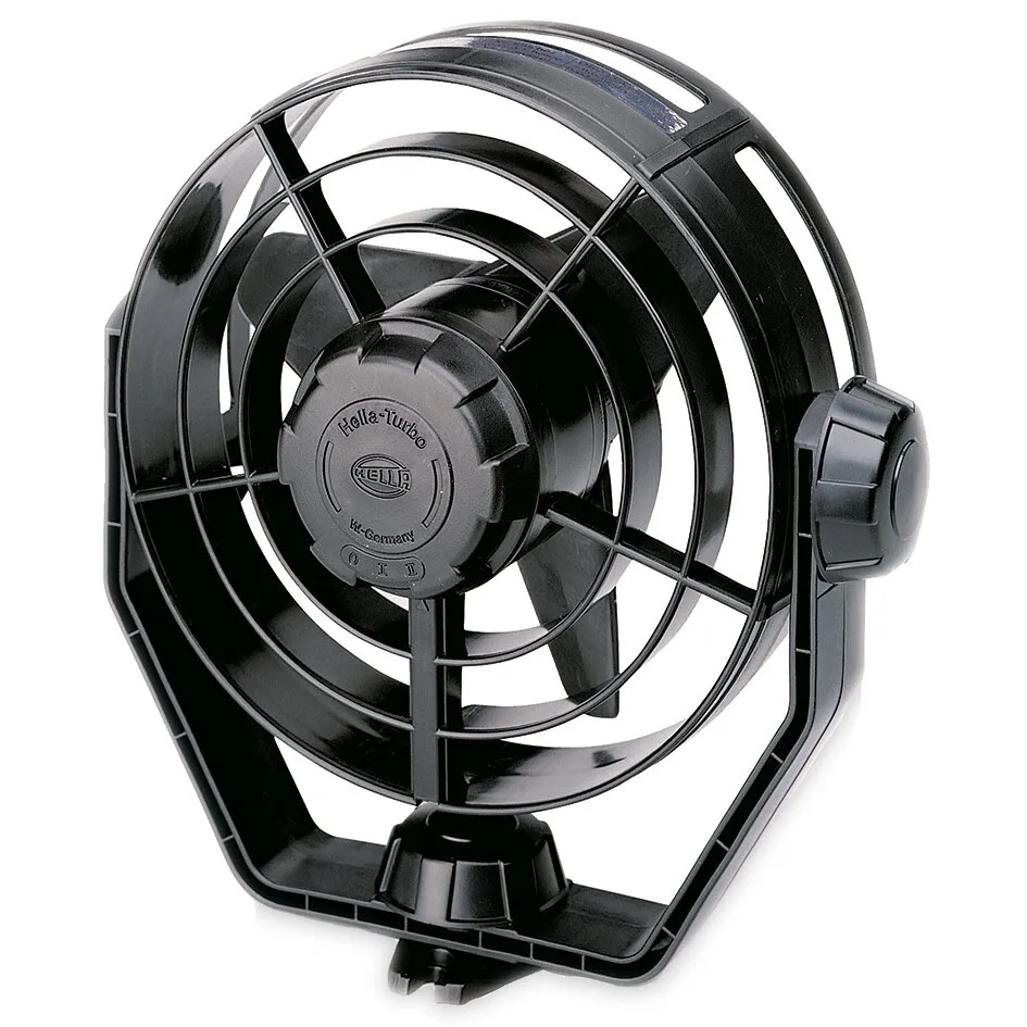 Schwarzer Turbo-Ventilator mit Schutzgitter, fünf Flügeln, Standfuß und seitlichem Drehregler, 12 V