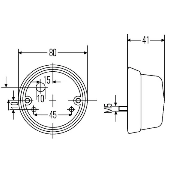 Technische Zeichnung einer runden Positionsleuchte mit Front- und Seitenansicht, Bohrbild sowie Maßangaben 80 mm, 41 mm und M5