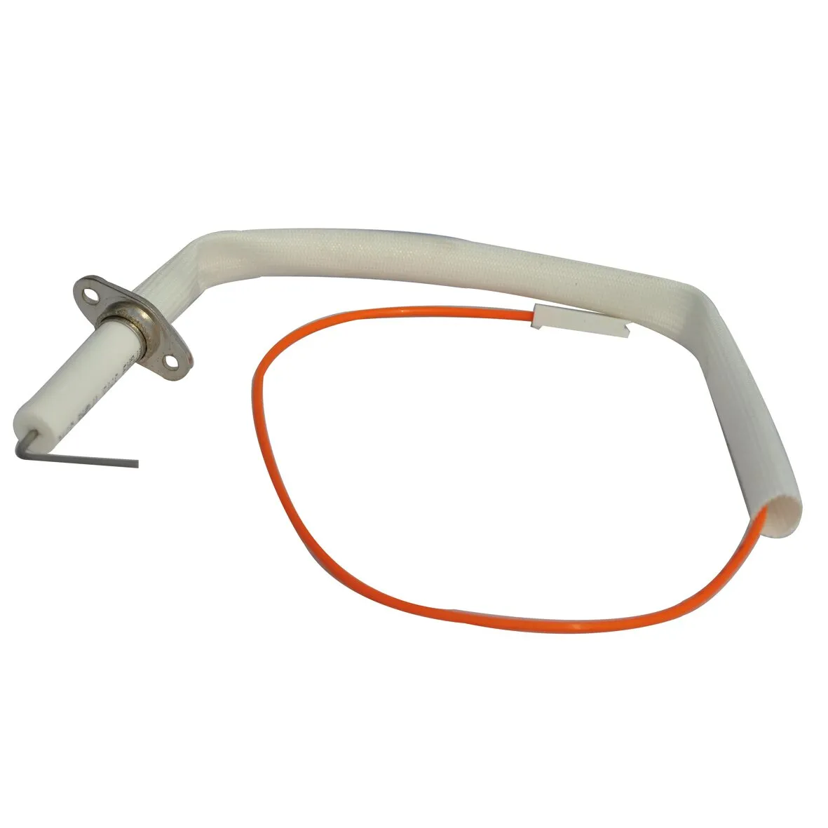 Geschraubte Zündkerze mit weißem Keramikkörper, Metallflansch, orangefarbener Anschlussleitung und 45 cm langem Schutzschlauch