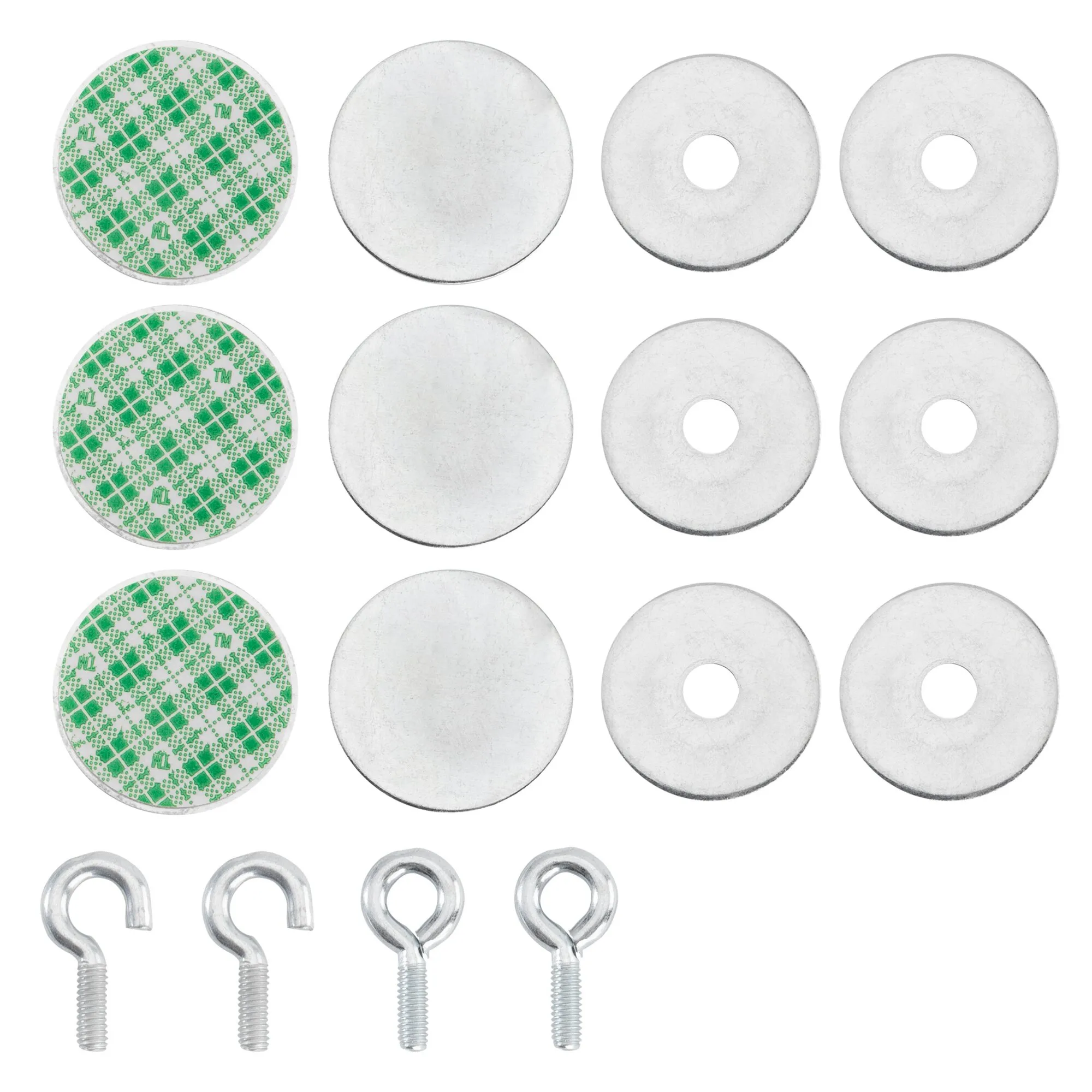 Starter-Magnet-Set mit zwölf runden Magneten, drei grünen Schutzfolien, sechs Lochmagneten und vier silbernen Ösenhaken