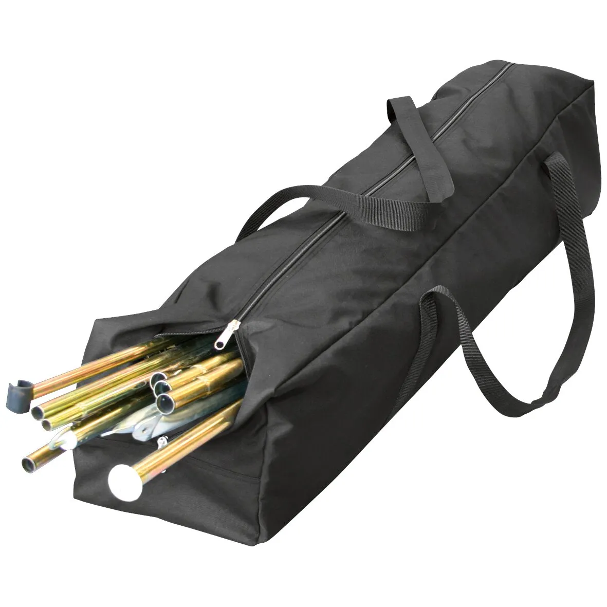 Schwarze Packtasche für Zeltgestänge mit Reißverschluss und Tragegriffen, geöffnet und mit goldfarbenen Gestängestangen gefüllt